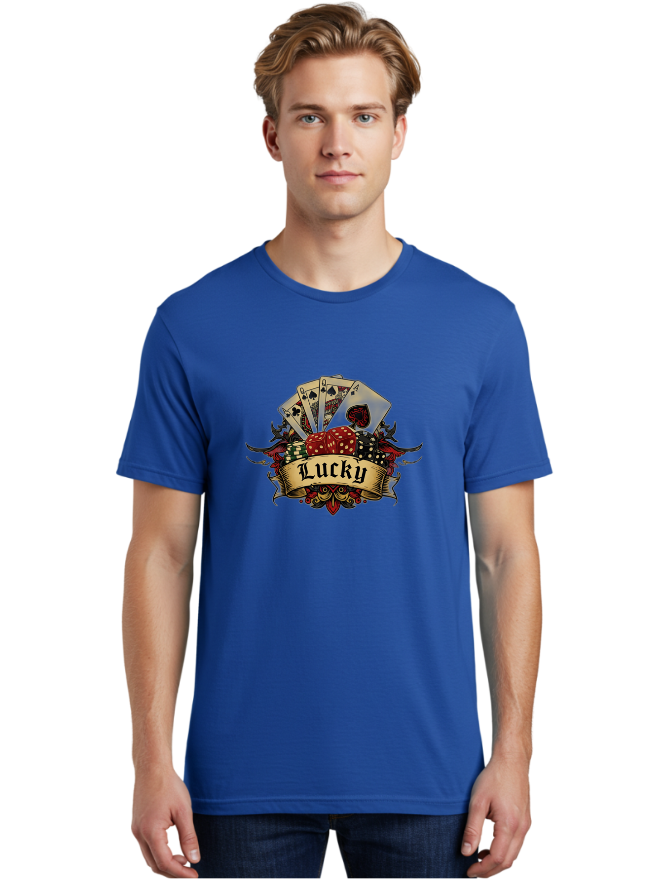 Lucky-1 Men'S Graphic Tee, 100% Cotton, Comfortable Casual Summer Wear, Machine Washable, Lucky Charm, Playing Cards, Poker Dice, Red Dice, Casino Luck, Gaming Good Fortune, Gambler'S Luck, Poker Game, Card Game Bae226 24