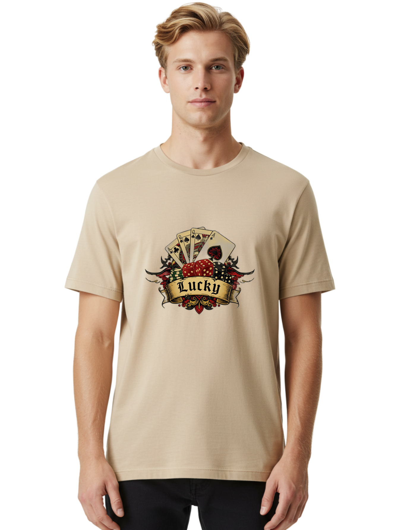 Lucky-1 Men'S Graphic Tee, 100% Cotton, Comfortable Casual Summer Wear, Machine Washable, Lucky Charm, Playing Cards, Poker Dice, Red Dice, Casino Luck, Gaming Good Fortune, Gambler'S Luck, Poker Game, Card Game Bae226 17
