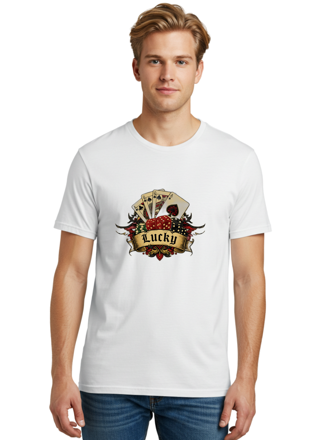 Lucky-1 Men'S Graphic Tee, 100% Cotton, Comfortable Casual Summer Wear, Machine Washable, Lucky Charm, Playing Cards, Poker Dice, Red Dice, Casino Luck, Gaming Good Fortune, Gambler'S Luck, Poker Game, Card Game Bae226 26