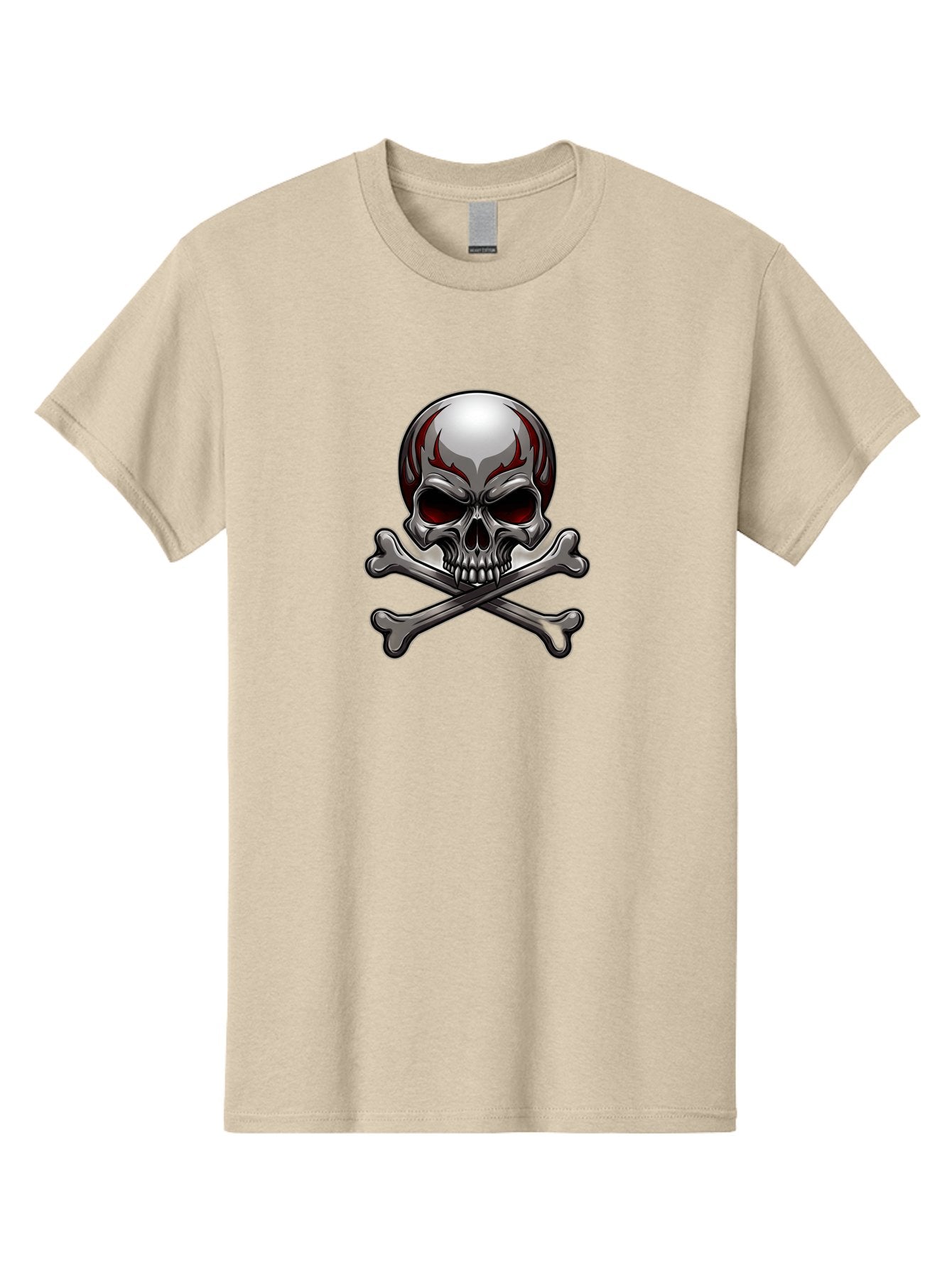 Metal-Skull Men'S Graphic Tee, 100% Cotton, Comfortable Casual Summer Wear, Machine Washable, Skull And Crossbones, Silver Skull, Red Flames, Danger Symbol, Warning Sign, Halloween Theme, Gothic Design, Bold Graphics, Edgy Art Bae230 7