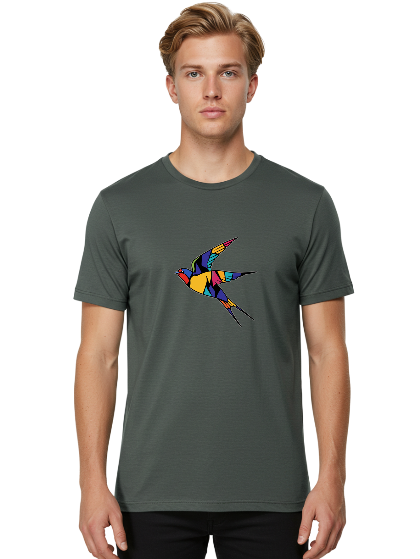 Multicolored-Bird Men'S Graphic Tee, 100% Cotton, Comfortable Casual Summer Wear, Machine Washable, Colorful Bird In Flight, Vibrant Bird Illustration, Geometric Bird Design, Multicolored Swallow, Bird In Mid-Air, Abstract Bird Art, Bae232 20