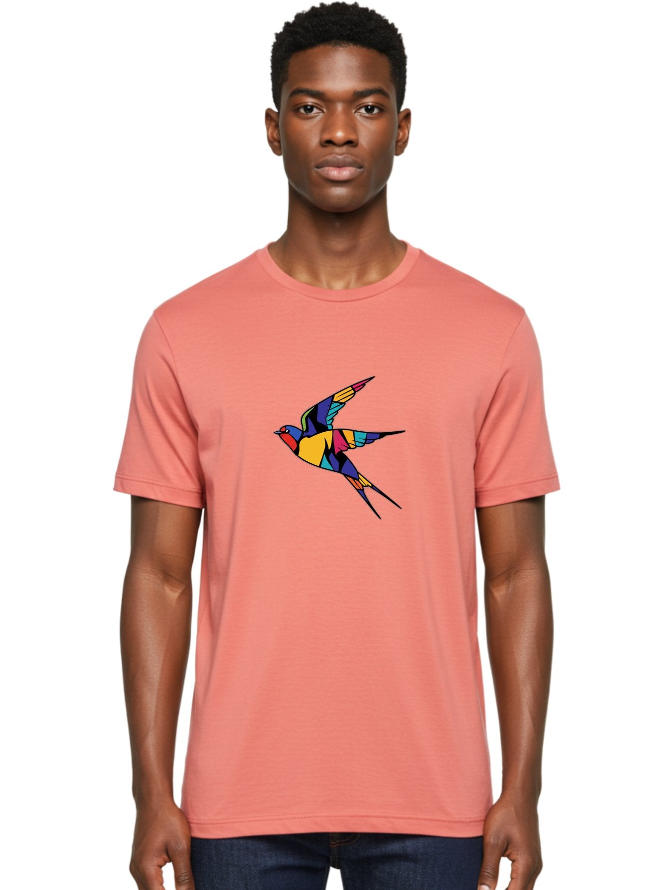 Multicolored-Bird Men'S Graphic Tee, 100% Cotton, Comfortable Casual Summer Wear, Machine Washable, Colorful Bird In Flight, Vibrant Bird Illustration, Geometric Bird Design, Multicolored Swallow, Bird In Mid-Air, Abstract Bird Art, Bae232 19