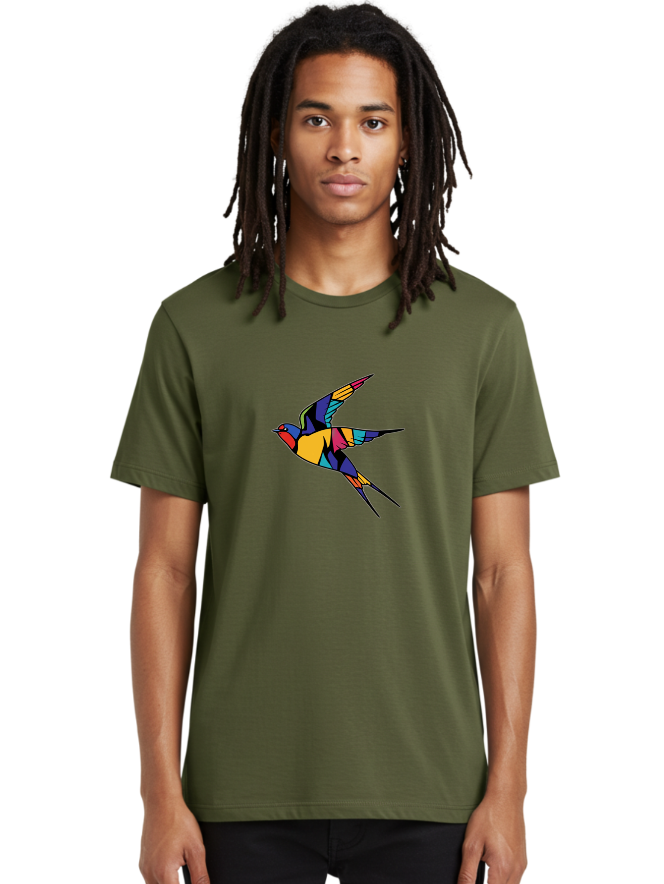 Multicolored-Bird Men'S Graphic Tee, 100% Cotton, Comfortable Casual Summer Wear, Machine Washable, Colorful Bird In Flight, Vibrant Bird Illustration, Geometric Bird Design, Multicolored Swallow, Bird In Mid-Air, Abstract Bird Art, Bae232 23