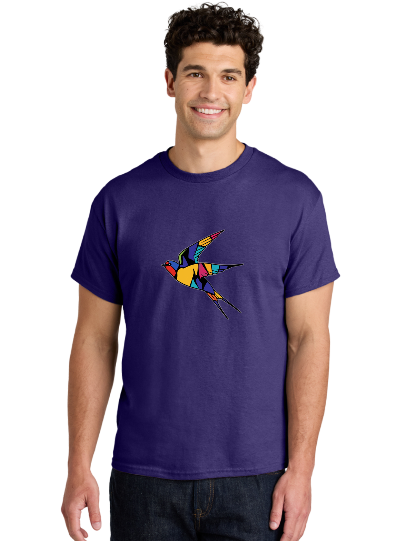 Multicolored-Bird Men'S Graphic Tee, 100% Cotton, Comfortable Casual Summer Wear, Machine Washable, Colorful Bird In Flight, Vibrant Bird Illustration, Geometric Bird Design, Multicolored Swallow, Bird In Mid-Air, Abstract Bird Art, Bae232 18