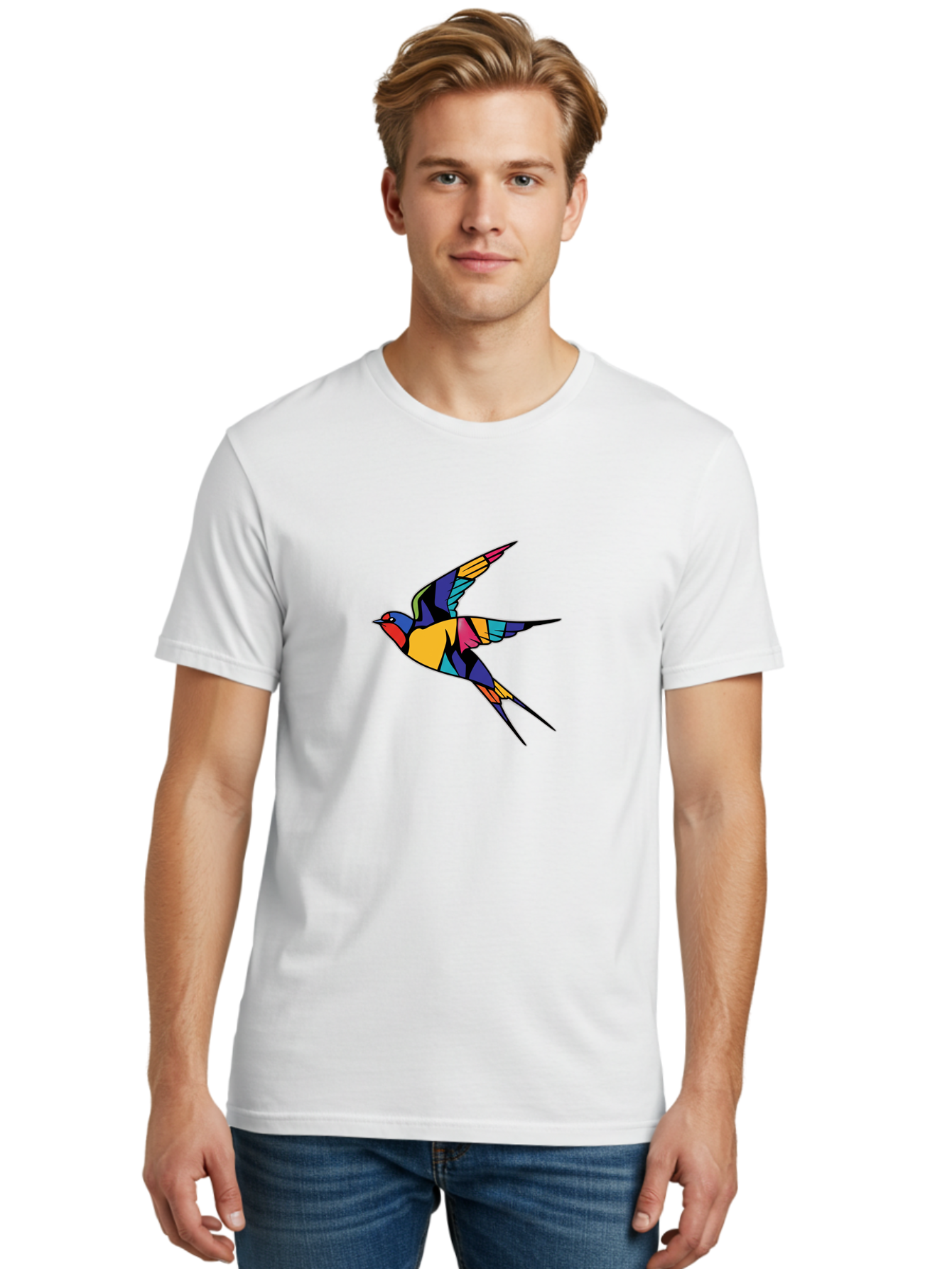Multicolored-Bird Men'S Graphic Tee, 100% Cotton, Comfortable Casual Summer Wear, Machine Washable, Colorful Bird In Flight, Vibrant Bird Illustration, Geometric Bird Design, Multicolored Swallow, Bird In Mid-Air, Abstract Bird Art, Bae232 30