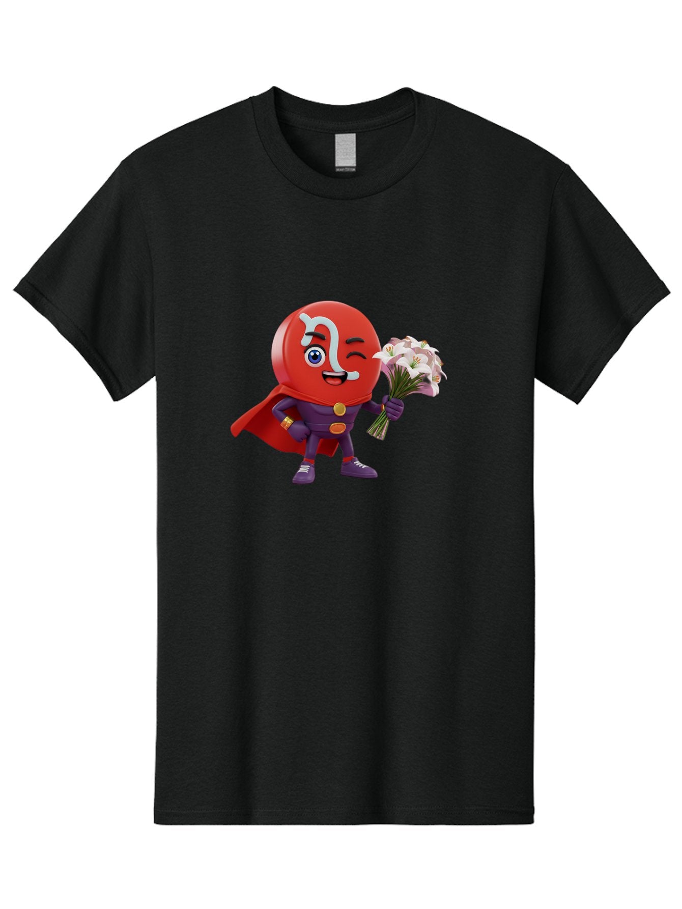 N-Capsule Men'S Graphic Tee, 100% Cotton, Comfortable Casual Summer Wear, Machine Washable, Momo Character, Cartoon Style, Happy Expression, Holding Flowers, Superhero Costume, Cape, Purple Outfit, Red Mask, Cute Face, Playful Vibe, Bae233 3