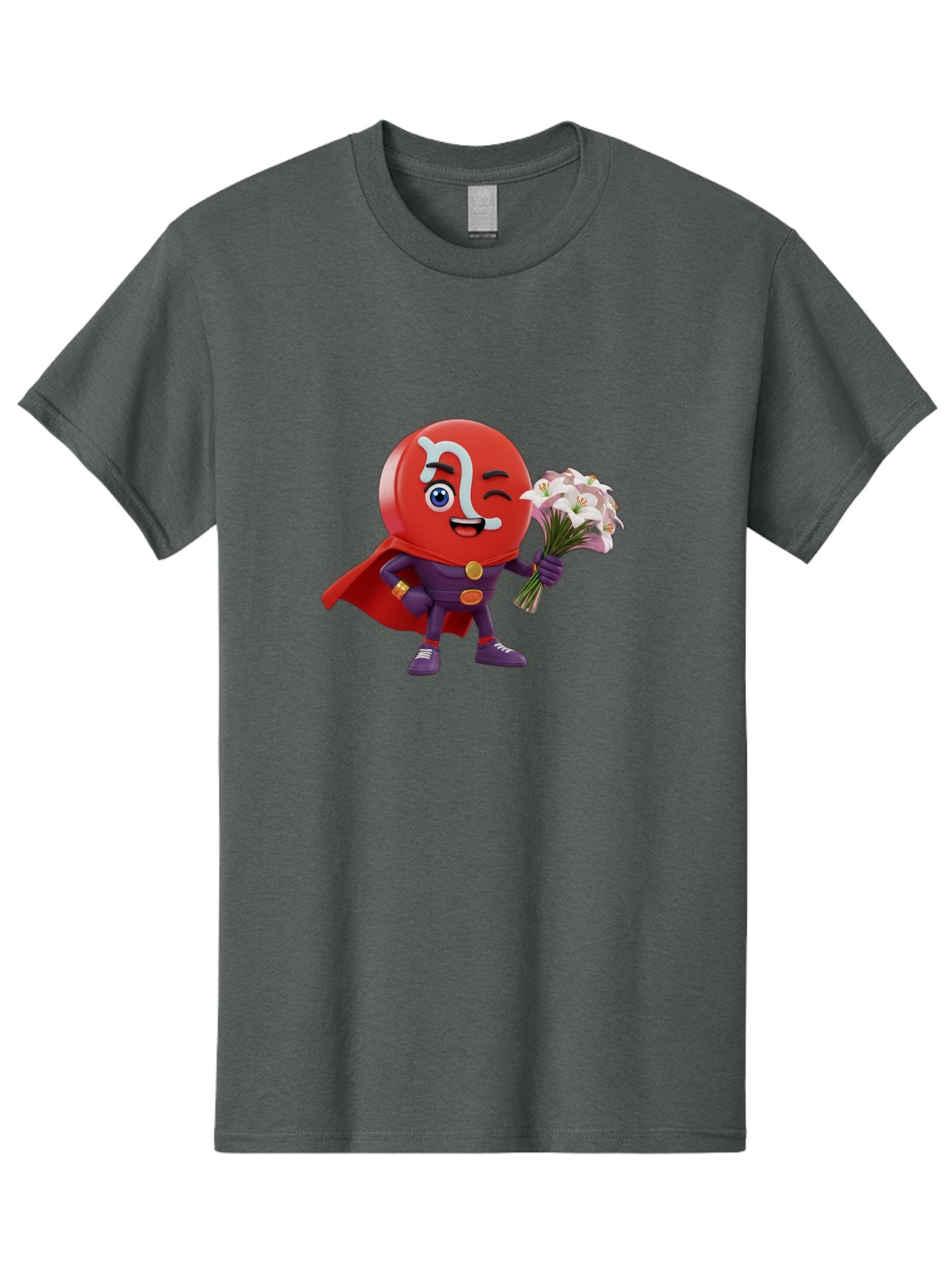 N-Capsule Men'S Graphic Tee, 100% Cotton, Comfortable Casual Summer Wear, Machine Washable, Momo Character, Cartoon Style, Happy Expression, Holding Flowers, Superhero Costume, Cape, Purple Outfit, Red Mask, Cute Face, Playful Vibe, Bae233 15