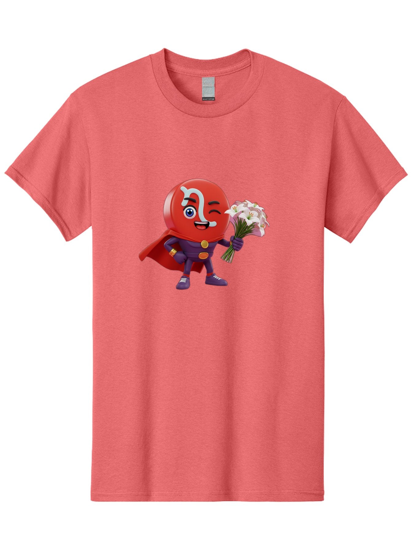 N-Capsule Men'S Graphic Tee, 100% Cotton, Comfortable Casual Summer Wear, Machine Washable, Momo Character, Cartoon Style, Happy Expression, Holding Flowers, Superhero Costume, Cape, Purple Outfit, Red Mask, Cute Face, Playful Vibe, Bae233 10
