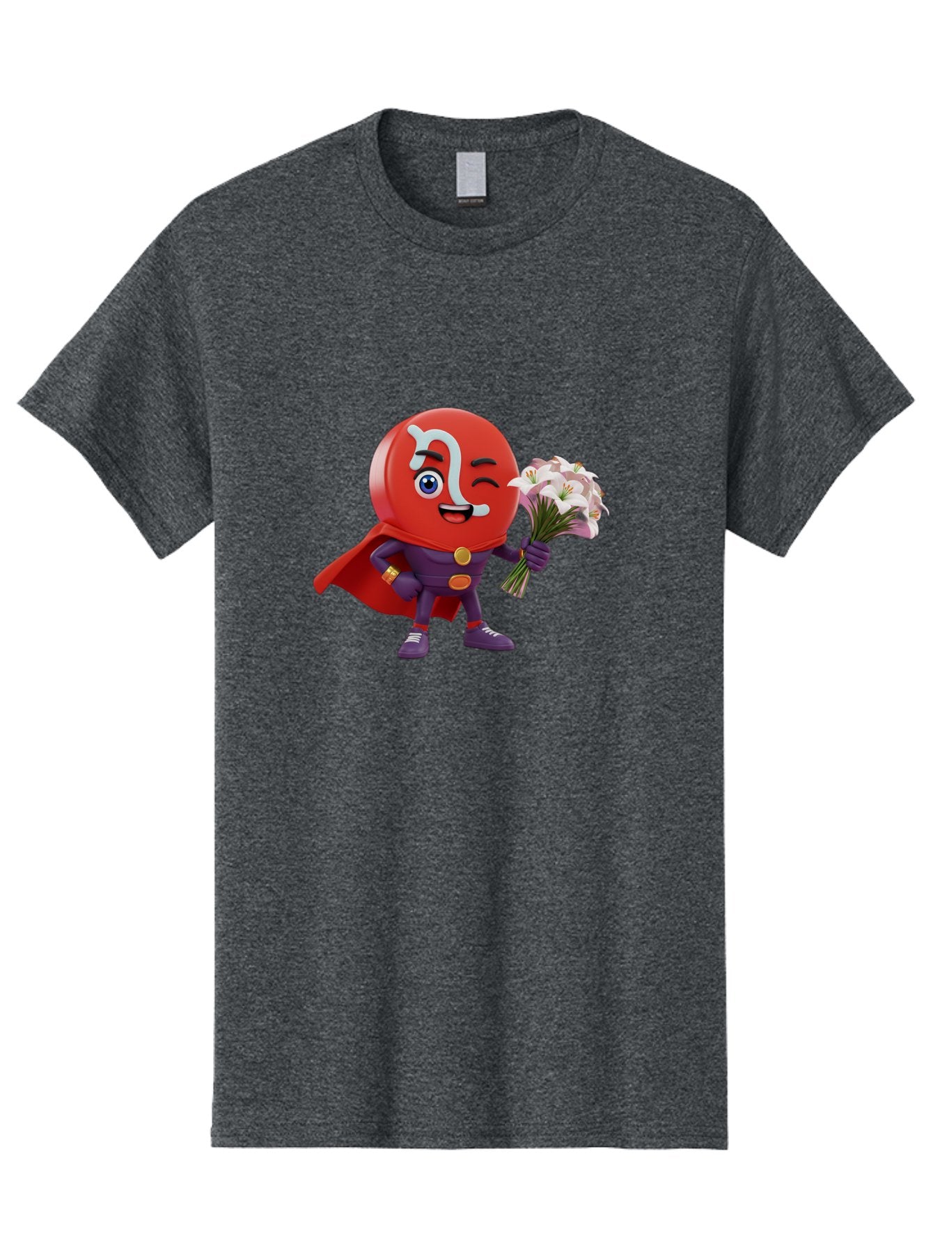 N-Capsule Men'S Graphic Tee, 100% Cotton, Comfortable Casual Summer Wear, Machine Washable, Momo Character, Cartoon Style, Happy Expression, Holding Flowers, Superhero Costume, Cape, Purple Outfit, Red Mask, Cute Face, Playful Vibe, Bae233 12