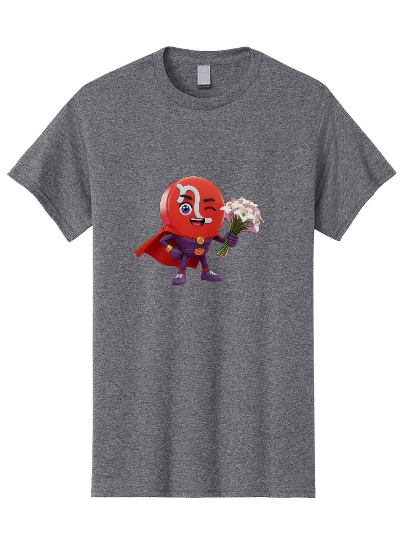 N-Capsule Men'S Graphic Tee, 100% Cotton, Comfortable Casual Summer Wear, Machine Washable, Momo Character, Cartoon Style, Happy Expression, Holding Flowers, Superhero Costume, Cape, Purple Outfit, Red Mask, Cute Face, Playful Vibe, Bae233 6