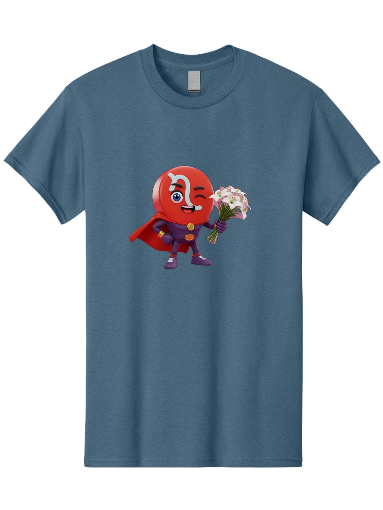 N-Capsule Men'S Graphic Tee, 100% Cotton, Comfortable Casual Summer Wear, Machine Washable, Momo Character, Cartoon Style, Happy Expression, Holding Flowers, Superhero Costume, Cape, Purple Outfit, Red Mask, Cute Face, Playful Vibe, Bae233