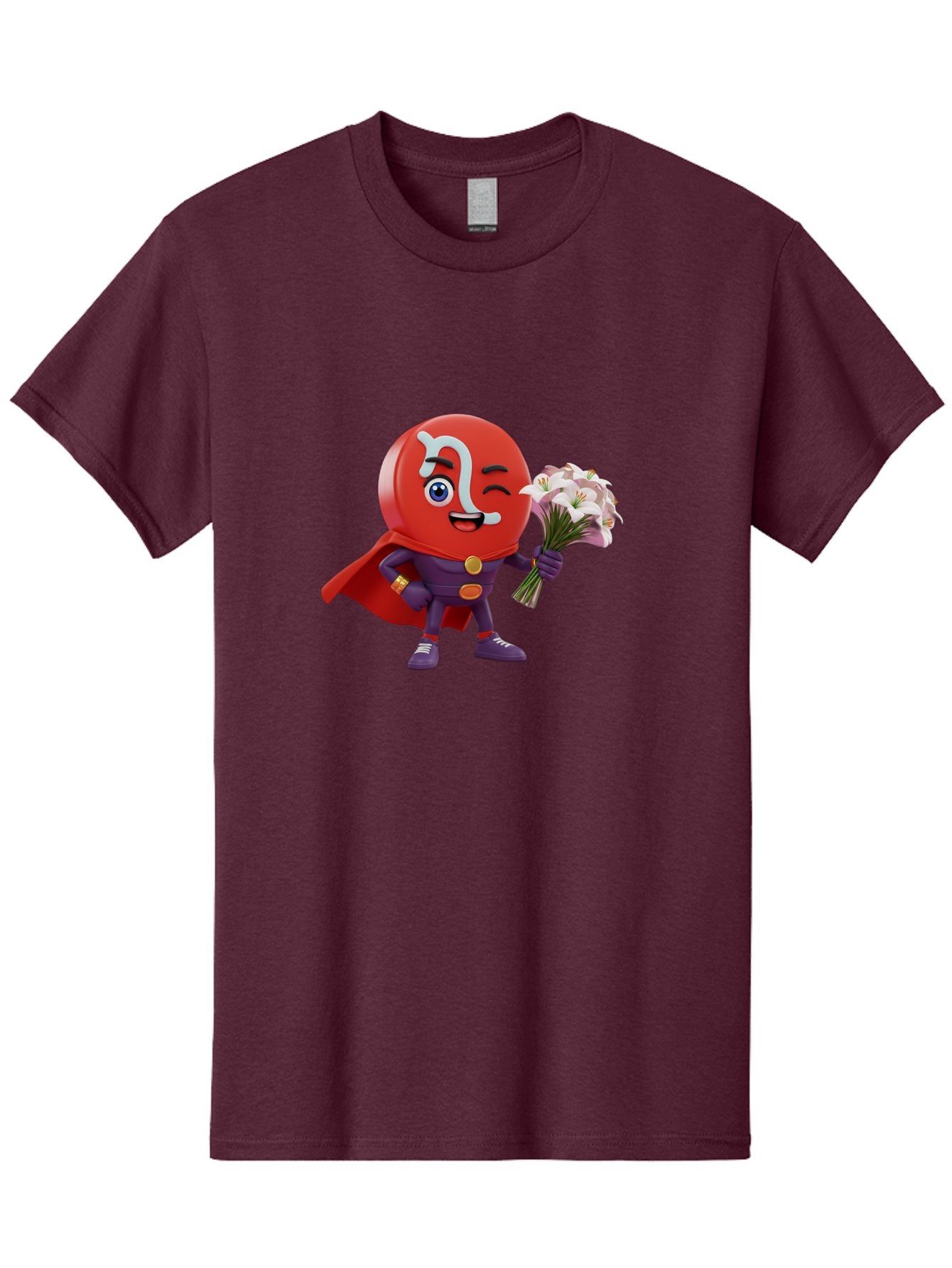 N-Capsule Men'S Graphic Tee, 100% Cotton, Comfortable Casual Summer Wear, Machine Washable, Momo Character, Cartoon Style, Happy Expression, Holding Flowers, Superhero Costume, Cape, Purple Outfit, Red Mask, Cute Face, Playful Vibe, Bae233 4