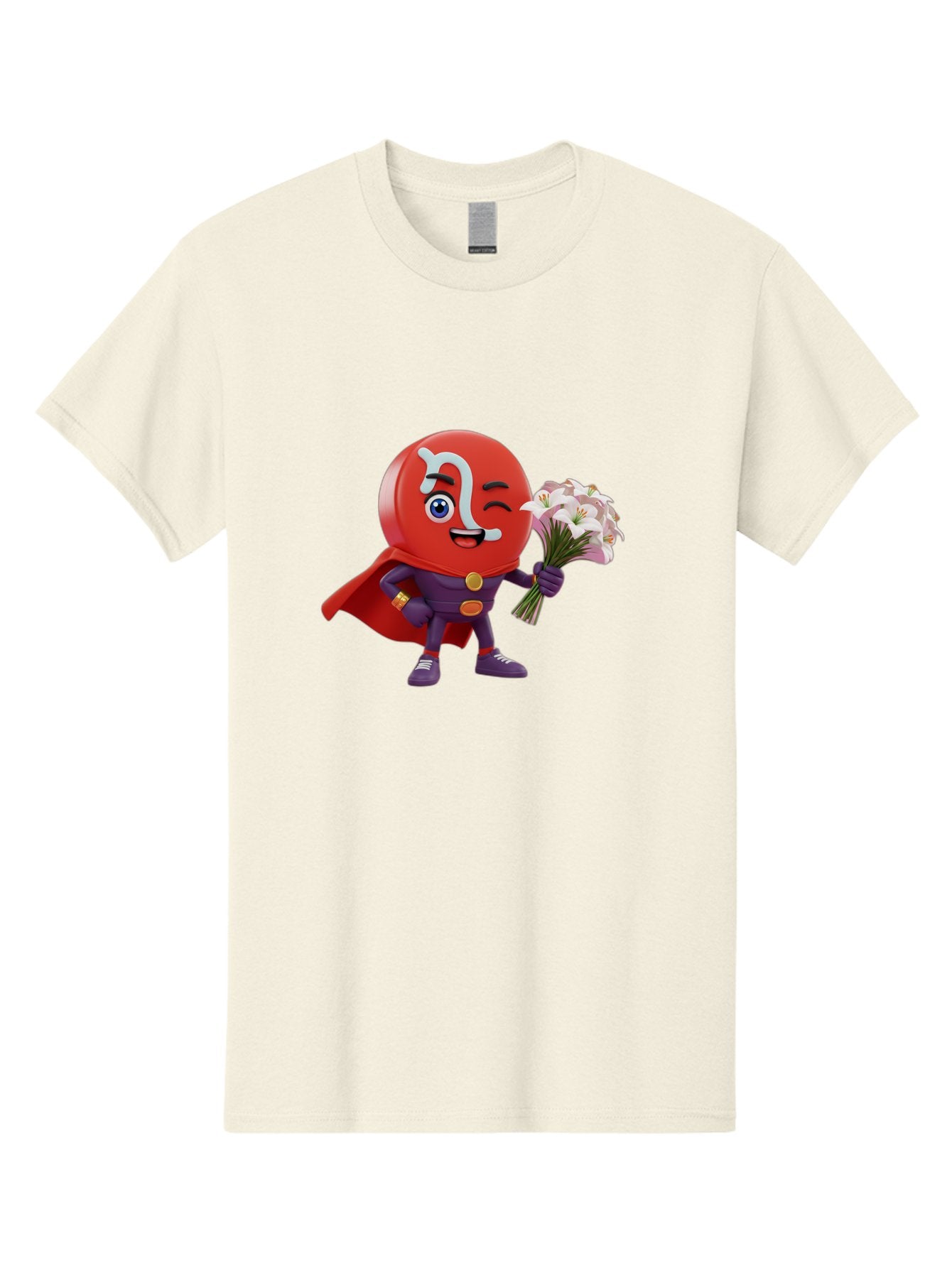 N-Capsule Men'S Graphic Tee, 100% Cotton, Comfortable Casual Summer Wear, Machine Washable, Momo Character, Cartoon Style, Happy Expression, Holding Flowers, Superhero Costume, Cape, Purple Outfit, Red Mask, Cute Face, Playful Vibe, Bae233 8