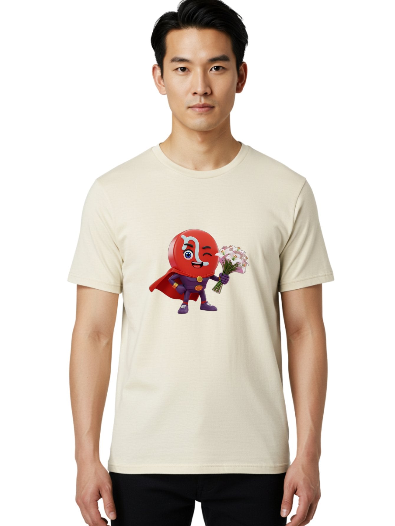 N-Capsule Men'S Graphic Tee, 100% Cotton, Comfortable Casual Summer Wear, Machine Washable, Momo Character, Cartoon Style, Happy Expression, Holding Flowers, Superhero Costume, Cape, Purple Outfit, Red Mask, Cute Face, Playful Vibe, Bae233 25