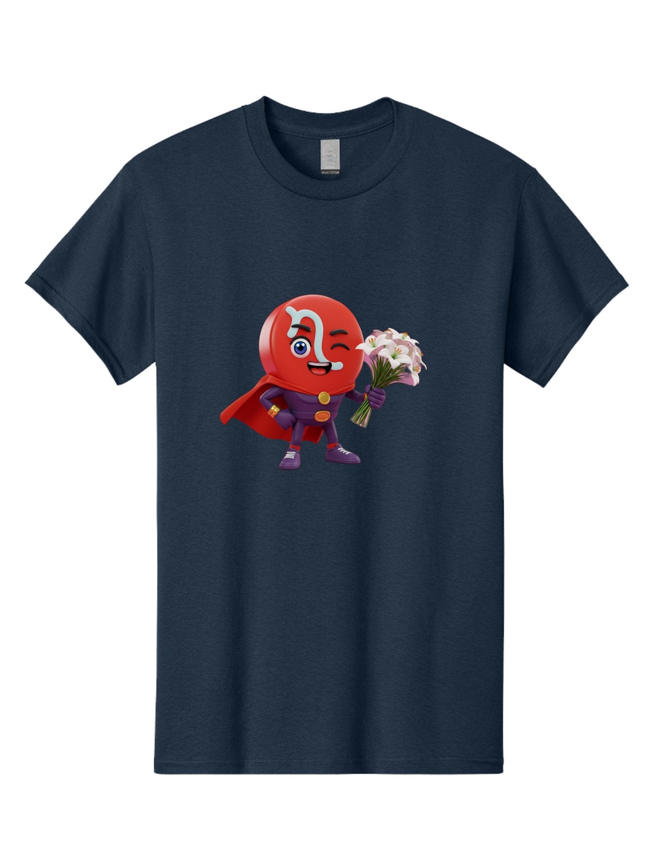 N-Capsule Men'S Graphic Tee, 100% Cotton, Comfortable Casual Summer Wear, Machine Washable, Momo Character, Cartoon Style, Happy Expression, Holding Flowers, Superhero Costume, Cape, Purple Outfit, Red Mask, Cute Face, Playful Vibe, Bae233
