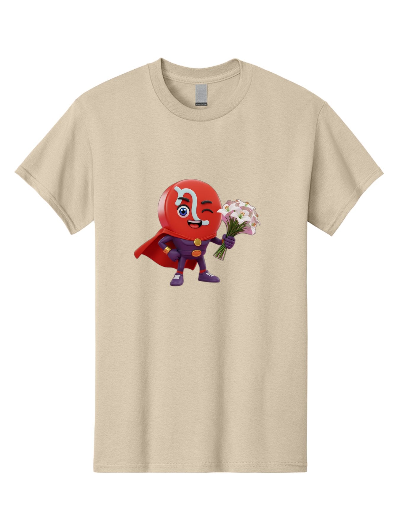 N-Capsule Men'S Graphic Tee, 100% Cotton, Comfortable Casual Summer Wear, Machine Washable, Momo Character, Cartoon Style, Happy Expression, Holding Flowers, Superhero Costume, Cape, Purple Outfit, Red Mask, Cute Face, Playful Vibe, Bae233 13