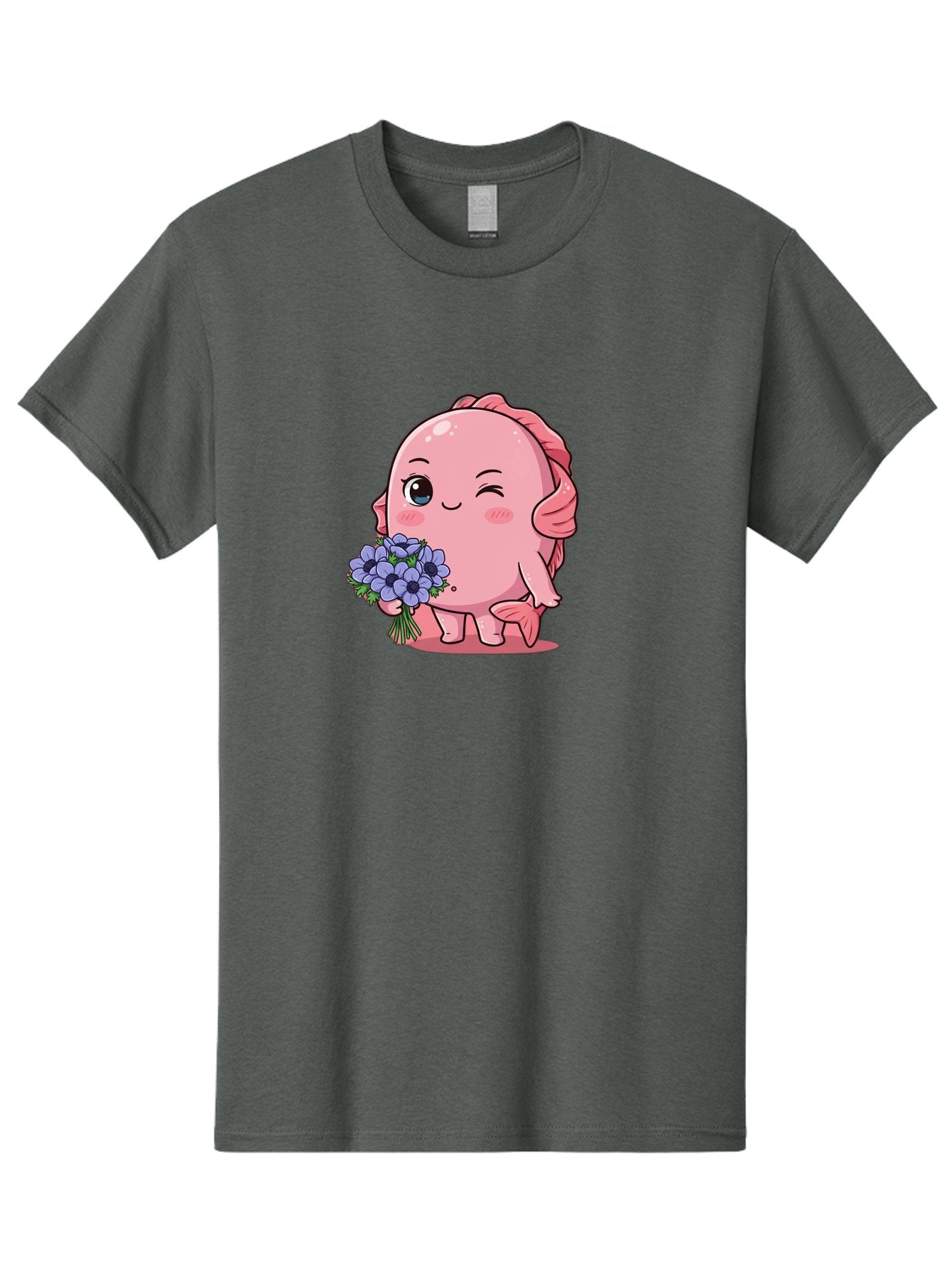 Pink-Axolotl Men'S Graphic Tee, 100% Cotton, Comfortable Casual Summer Wear, Machine Washable, Cartoon Axolotl, Pink Creature, Smiling Animal, Holding Flowers, Blue Blooms, Kawaii Character, Cute Illustration, Adorable Amphibian, Whimsical Art Bae235 11