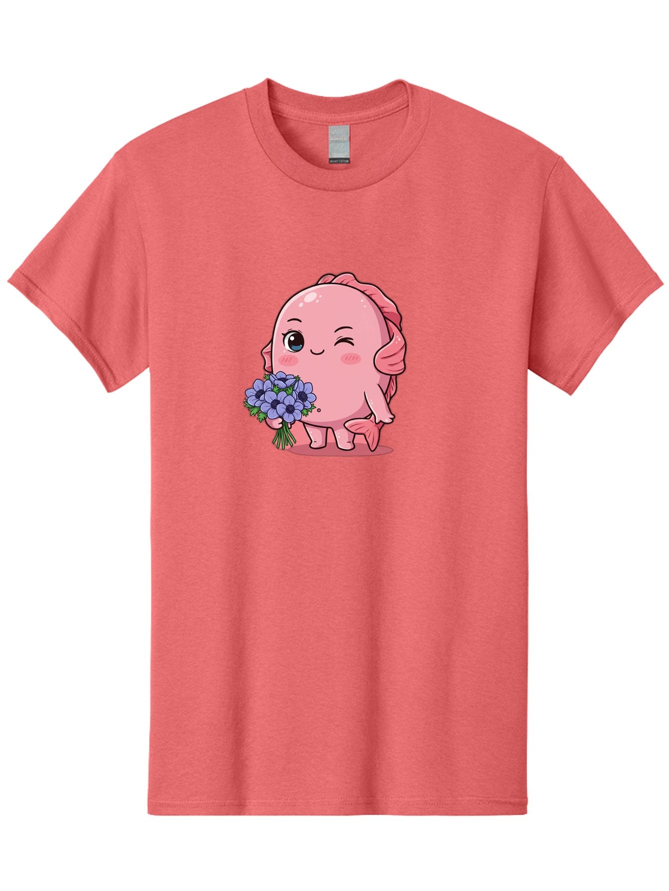 Pink-Axolotl Men'S Graphic Tee, 100% Cotton, Comfortable Casual Summer Wear, Machine Washable, Cartoon Axolotl, Pink Creature, Smiling Animal, Holding Flowers, Blue Blooms, Kawaii Character, Cute Illustration, Adorable Amphibian, Whimsical Art Bae235 12