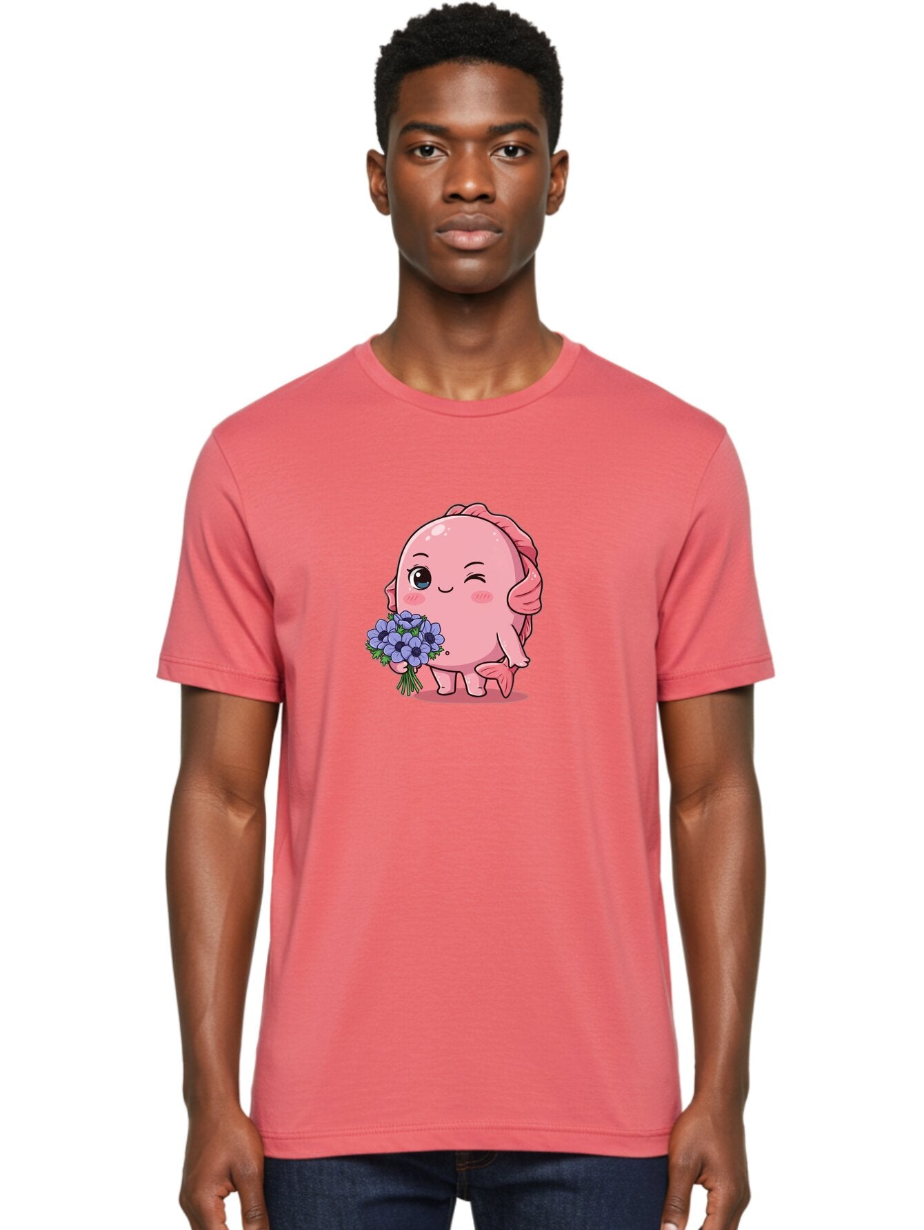 Pink-Axolotl Men'S Graphic Tee, 100% Cotton, Comfortable Casual Summer Wear, Machine Washable, Cartoon Axolotl, Pink Creature, Smiling Animal, Holding Flowers, Blue Blooms, Kawaii Character, Cute Illustration, Adorable Amphibian, Whimsical Art Bae235 28