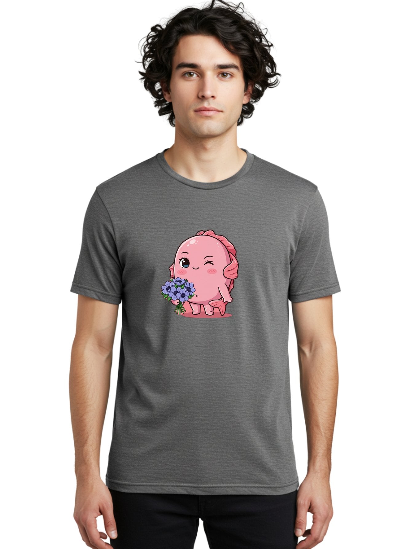 Pink-Axolotl Men'S Graphic Tee, 100% Cotton, Comfortable Casual Summer Wear, Machine Washable, Cartoon Axolotl, Pink Creature, Smiling Animal, Holding Flowers, Blue Blooms, Kawaii Character, Cute Illustration, Adorable Amphibian, Whimsical Art Bae235 26