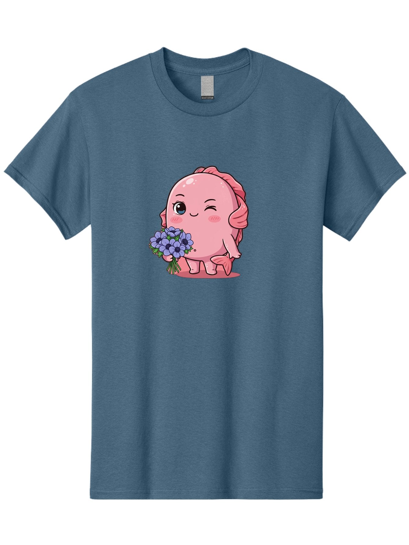 Pink-Axolotl Men'S Graphic Tee, 100% Cotton, Comfortable Casual Summer Wear, Machine Washable, Cartoon Axolotl, Pink Creature, Smiling Animal, Holding Flowers, Blue Blooms, Kawaii Character, Cute Illustration, Adorable Amphibian, Whimsical Art Bae235 10