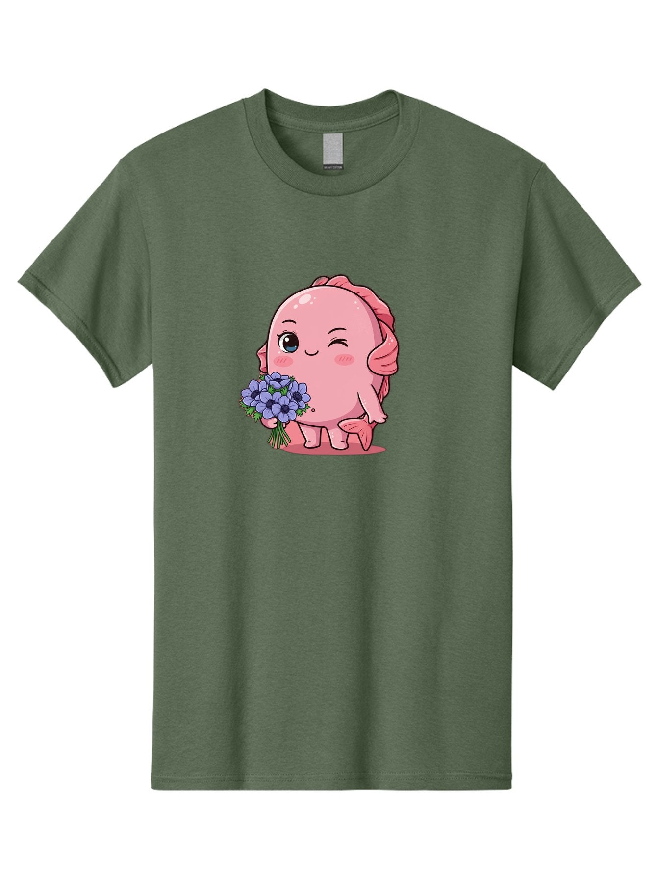 Pink-Axolotl Men'S Graphic Tee, 100% Cotton, Comfortable Casual Summer Wear, Machine Washable, Cartoon Axolotl, Pink Creature, Smiling Animal, Holding Flowers, Blue Blooms, Kawaii Character, Cute Illustration, Adorable Amphibian, Whimsical Art Bae235 13