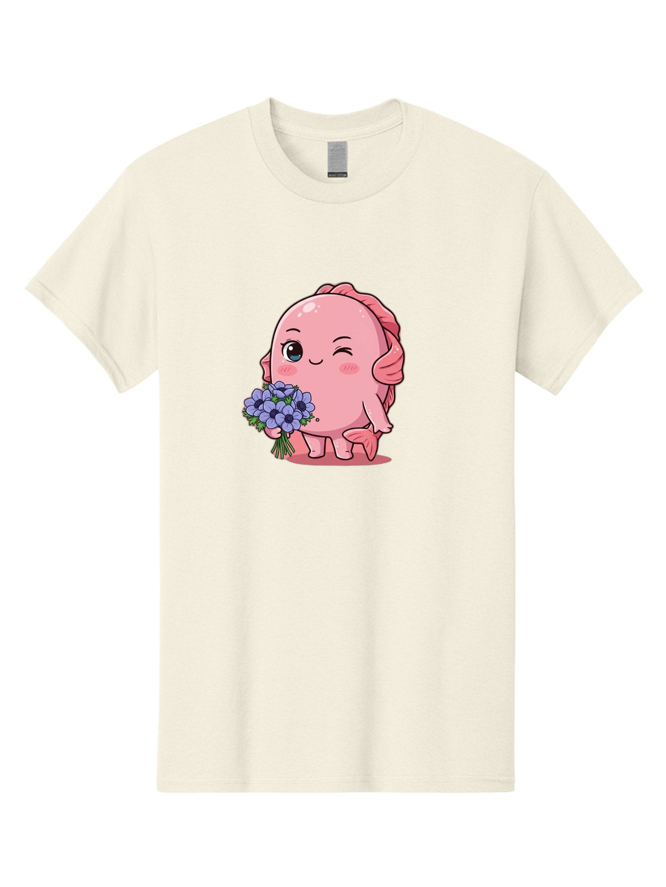 Pink-Axolotl Men'S Graphic Tee, 100% Cotton, Comfortable Casual Summer Wear, Machine Washable, Cartoon Axolotl, Pink Creature, Smiling Animal, Holding Flowers, Blue Blooms, Kawaii Character, Cute Illustration, Adorable Amphibian, Whimsical Art Bae235 15