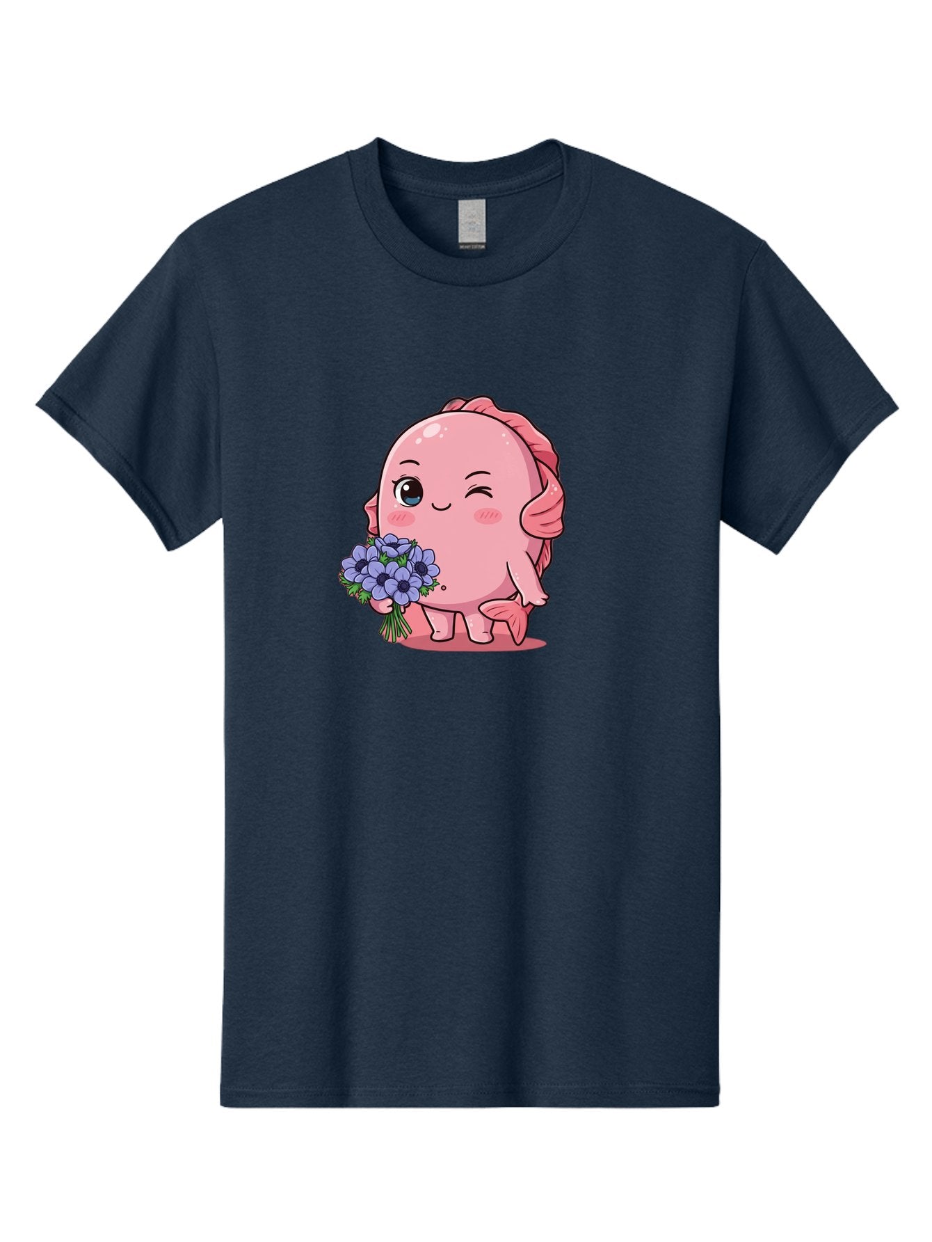 Pink-Axolotl Men'S Graphic Tee, 100% Cotton, Comfortable Casual Summer Wear, Machine Washable, Cartoon Axolotl, Pink Creature, Smiling Animal, Holding Flowers, Blue Blooms, Kawaii Character, Cute Illustration, Adorable Amphibian, Whimsical Art Bae235 14