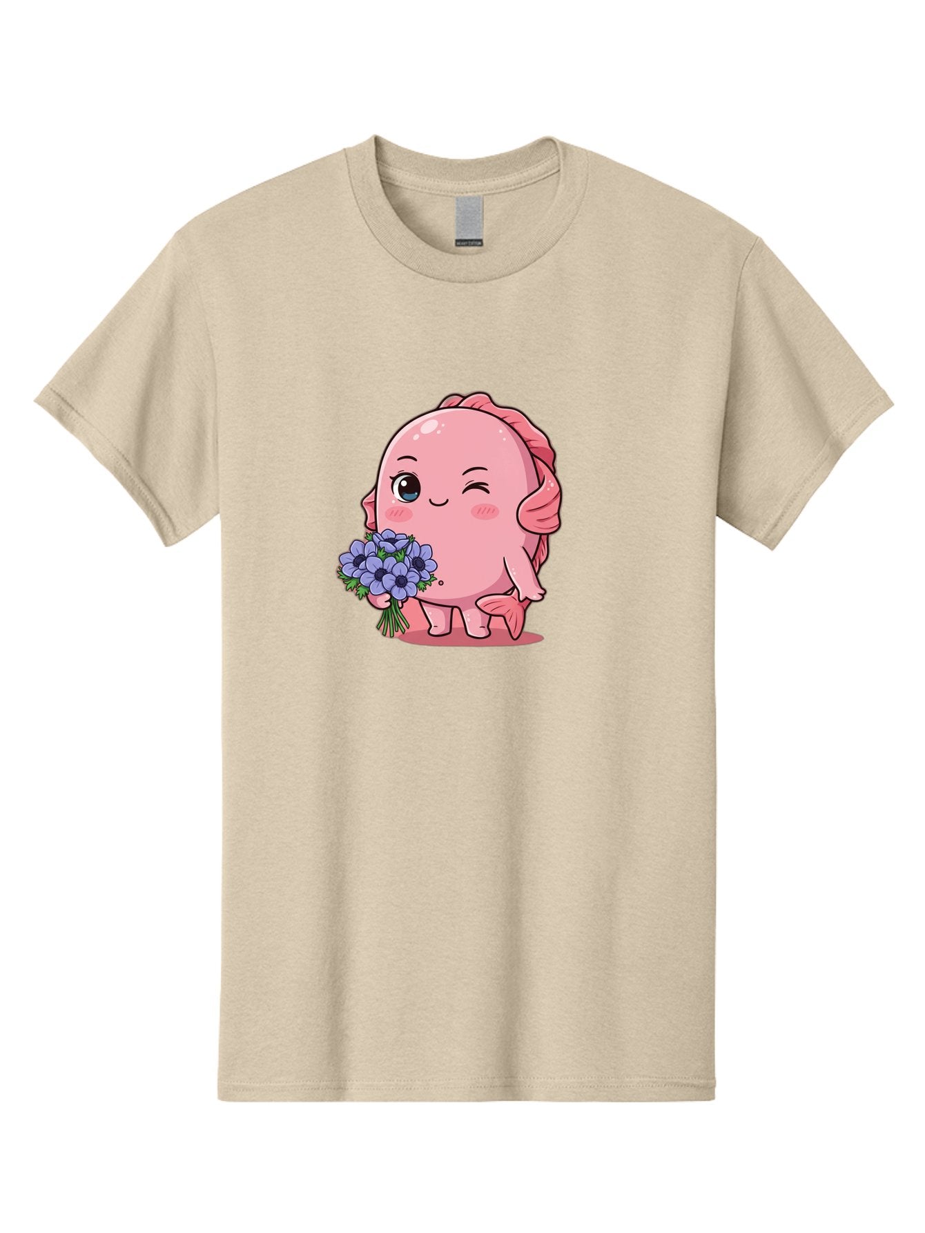 Pink-Axolotl Men'S Graphic Tee, 100% Cotton, Comfortable Casual Summer Wear, Machine Washable, Cartoon Axolotl, Pink Creature, Smiling Animal, Holding Flowers, Blue Blooms, Kawaii Character, Cute Illustration, Adorable Amphibian, Whimsical Art Bae235 8