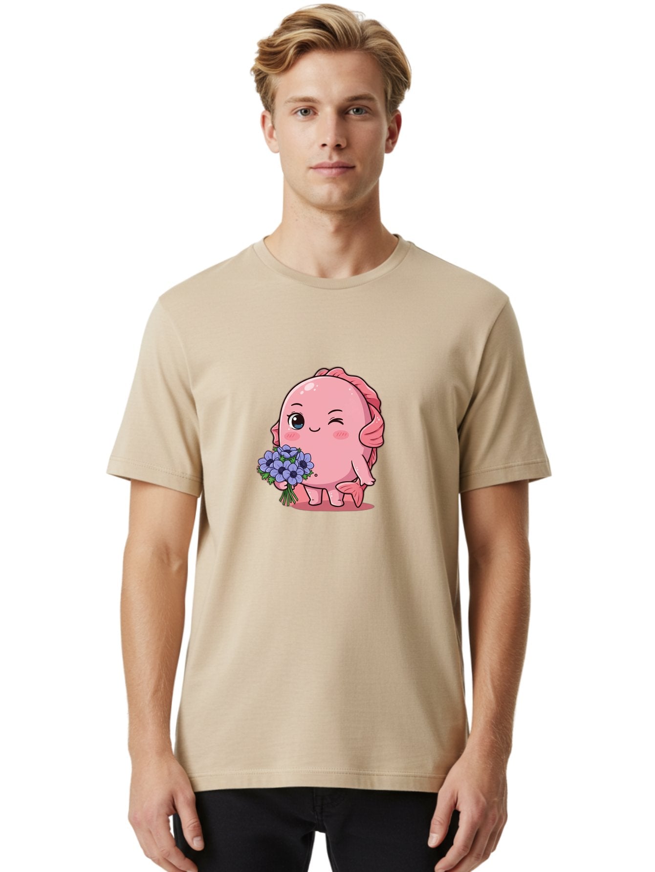 Pink-Axolotl Men'S Graphic Tee, 100% Cotton, Comfortable Casual Summer Wear, Machine Washable, Cartoon Axolotl, Pink Creature, Smiling Animal, Holding Flowers, Blue Blooms, Kawaii Character, Cute Illustration, Adorable Amphibian, Whimsical Art Bae235 25