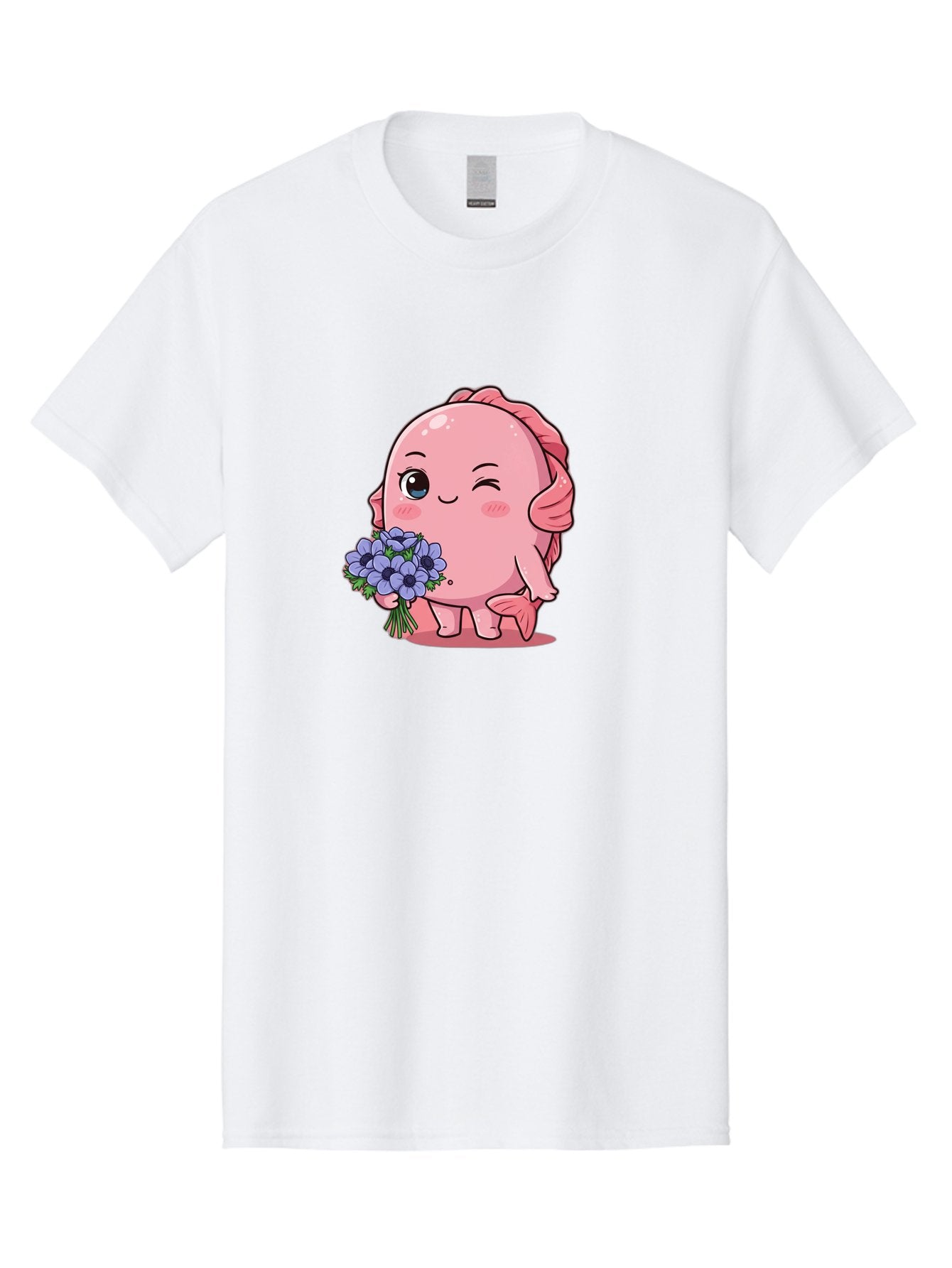 Pink-Axolotl Men'S Graphic Tee, 100% Cotton, Comfortable Casual Summer Wear, Machine Washable, Cartoon Axolotl, Pink Creature, Smiling Animal, Holding Flowers, Blue Blooms, Kawaii Character, Cute Illustration, Adorable Amphibian, Whimsical Art Bae235 4