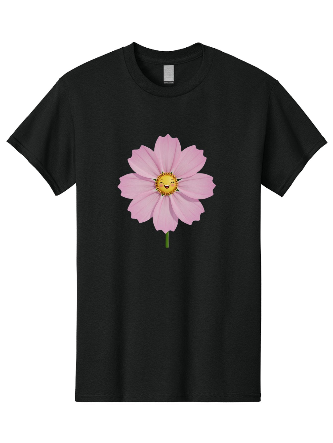 Pink-Flower-Emoji Men'S Graphic Tee, 100% Cotton, Comfortable Casual Summer Wear, Machine Washable, Pink Cosmos Flower, Cartoon Style, Smiling Face, Happy Emoji, Floral Illustration, Cute Design, Flower Graphics, Digital Art, Flower Emoji Bae236 3