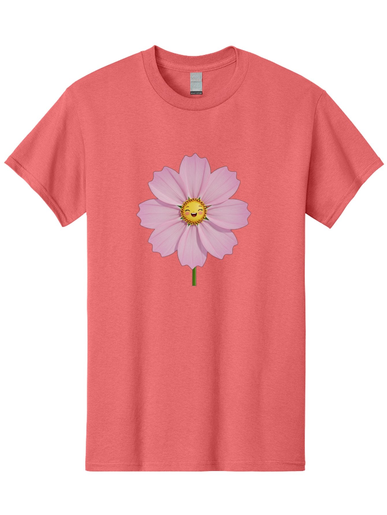 Pink-Flower-Emoji Men'S Graphic Tee, 100% Cotton, Comfortable Casual Summer Wear, Machine Washable, Pink Cosmos Flower, Cartoon Style, Smiling Face, Happy Emoji, Floral Illustration, Cute Design, Flower Graphics, Digital Art, Flower Emoji Bae236 4