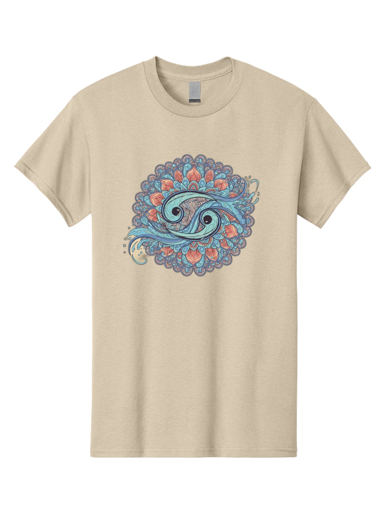 Pisces-Symbol Men'S Graphic Tee, 100% Cotton, Comfortable Casual Summer Wear, Machine Washable, Pisces Zodiac Sign, Fish Symbol, Astrology Illustration, Intricate Design, Mystical Art, Celestial Theme, Abstract Shapes, Blue And Orange Hues, Bae239 9