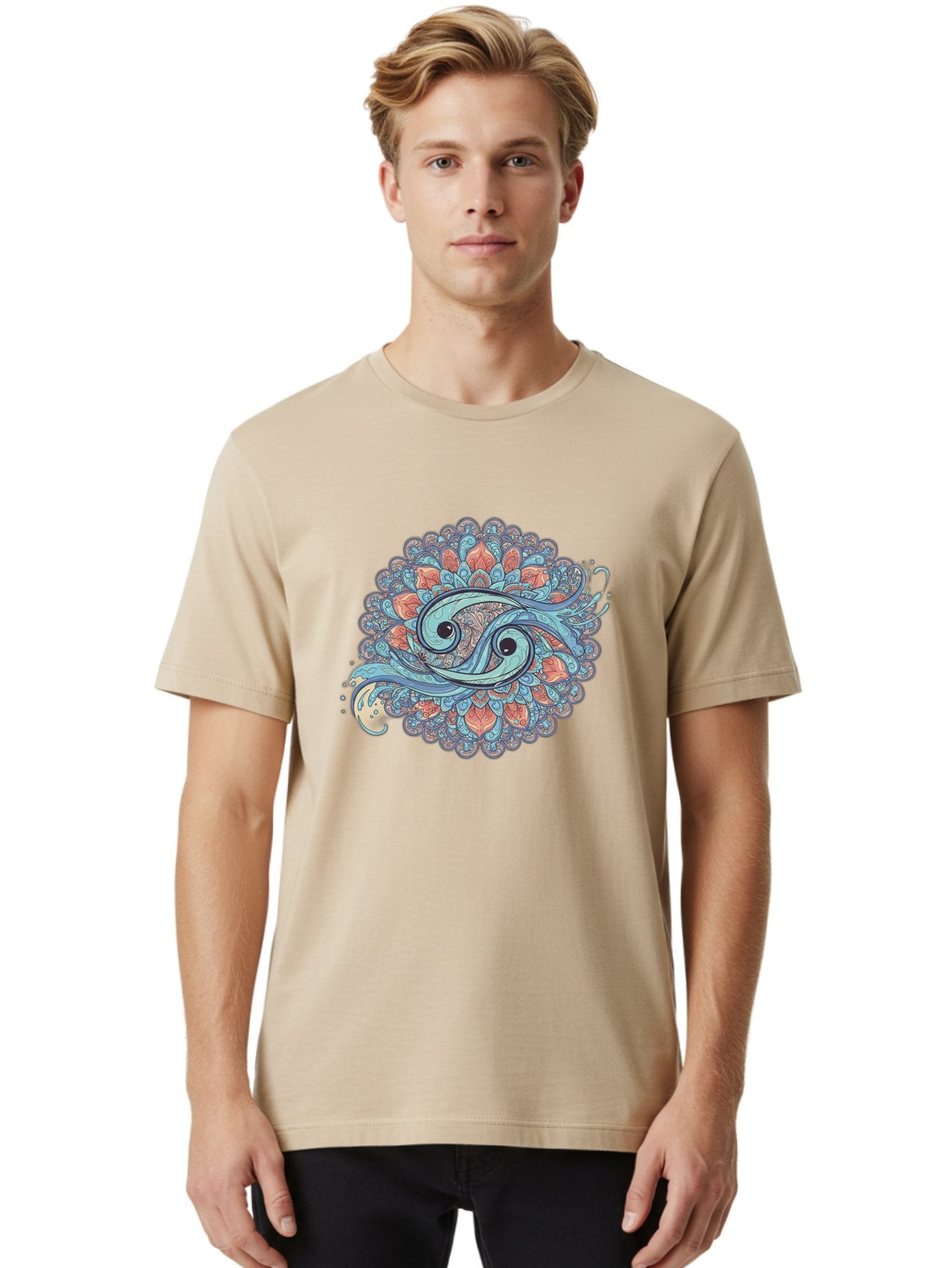 Pisces-Symbol Men'S Graphic Tee, 100% Cotton, Comfortable Casual Summer Wear, Machine Washable, Pisces Zodiac Sign, Fish Symbol, Astrology Illustration, Intricate Design, Mystical Art, Celestial Theme, Abstract Shapes, Blue And Orange Hues, Bae239 26