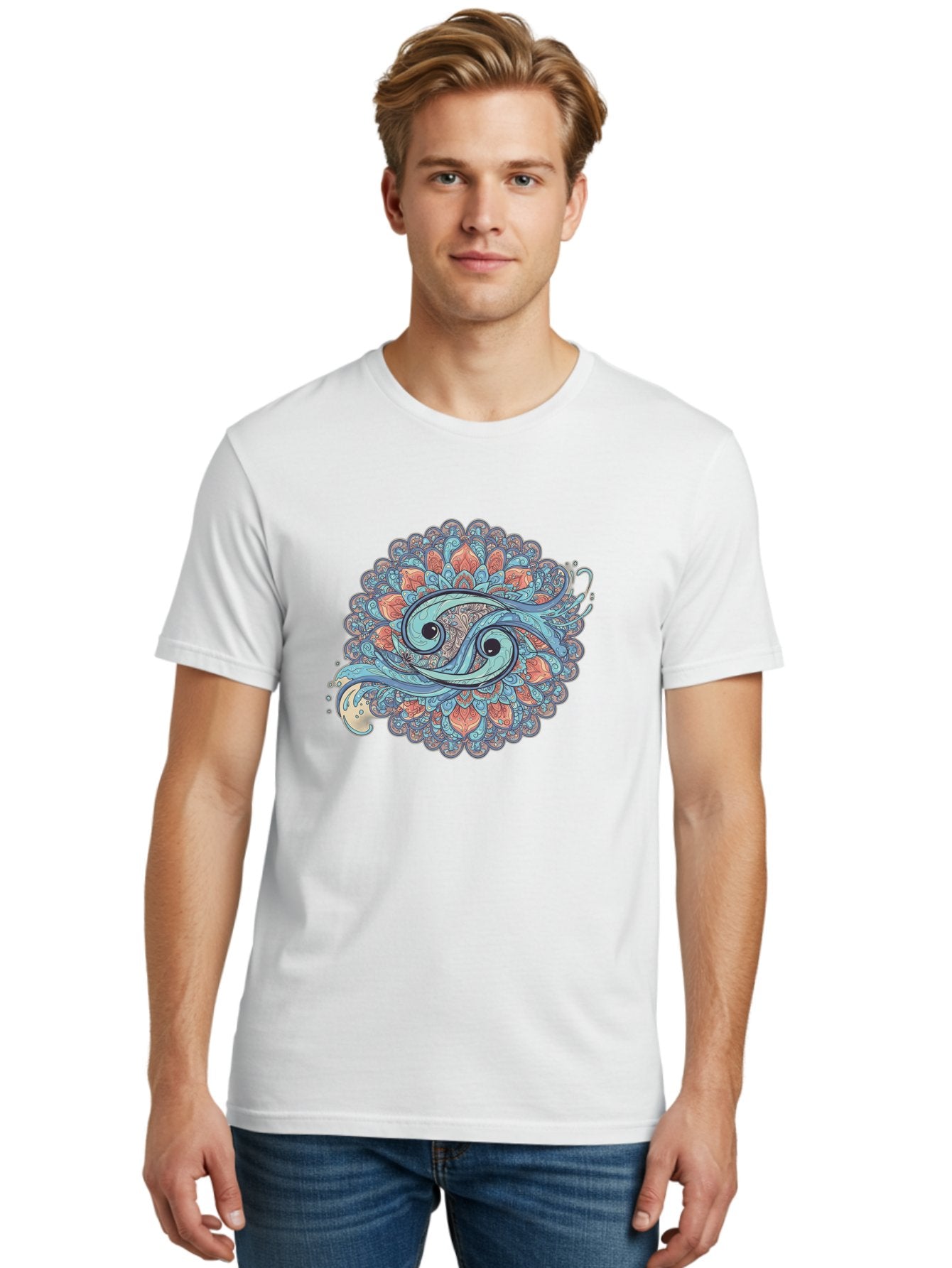 Pisces-Symbol Men'S Graphic Tee, 100% Cotton, Comfortable Casual Summer Wear, Machine Washable, Pisces Zodiac Sign, Fish Symbol, Astrology Illustration, Intricate Design, Mystical Art, Celestial Theme, Abstract Shapes, Blue And Orange Hues, Bae239 20