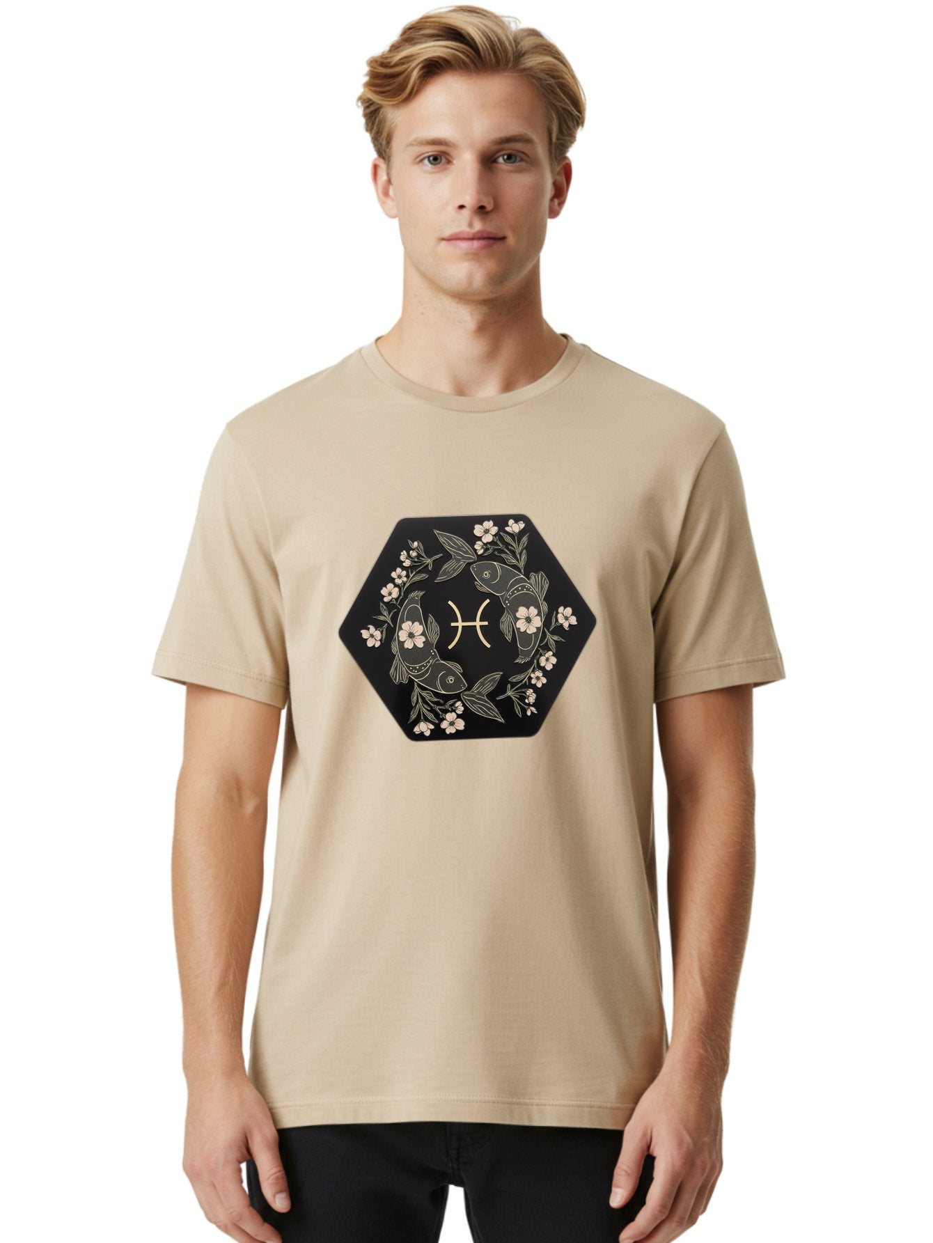 Pisces-Zodiac-Symbol Men'S Graphic Tee, 100% Cotton, Comfortable Casual Summer Wear, Machine Washable, Pisces Zodiac Symbol, Fish Illustration, Floral Wreath, Astrology Sign, Horoscope, Mystical Design, Esoteric Art, Spiritual Symbolism, Bae240 22
