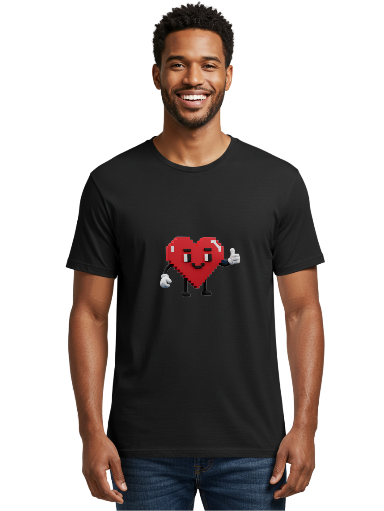 Pixel-Heart Men'S Graphic Tee, 100% Cotton, Comfortable Casual Summer Wear, Machine Washable, Red Heart Character, Pixel Art Style, Thumbs Up Gesture, Friendly Expression, Cute Design, Gaming-Inspired, Digital Illustration, Love Symbol Bae241 20