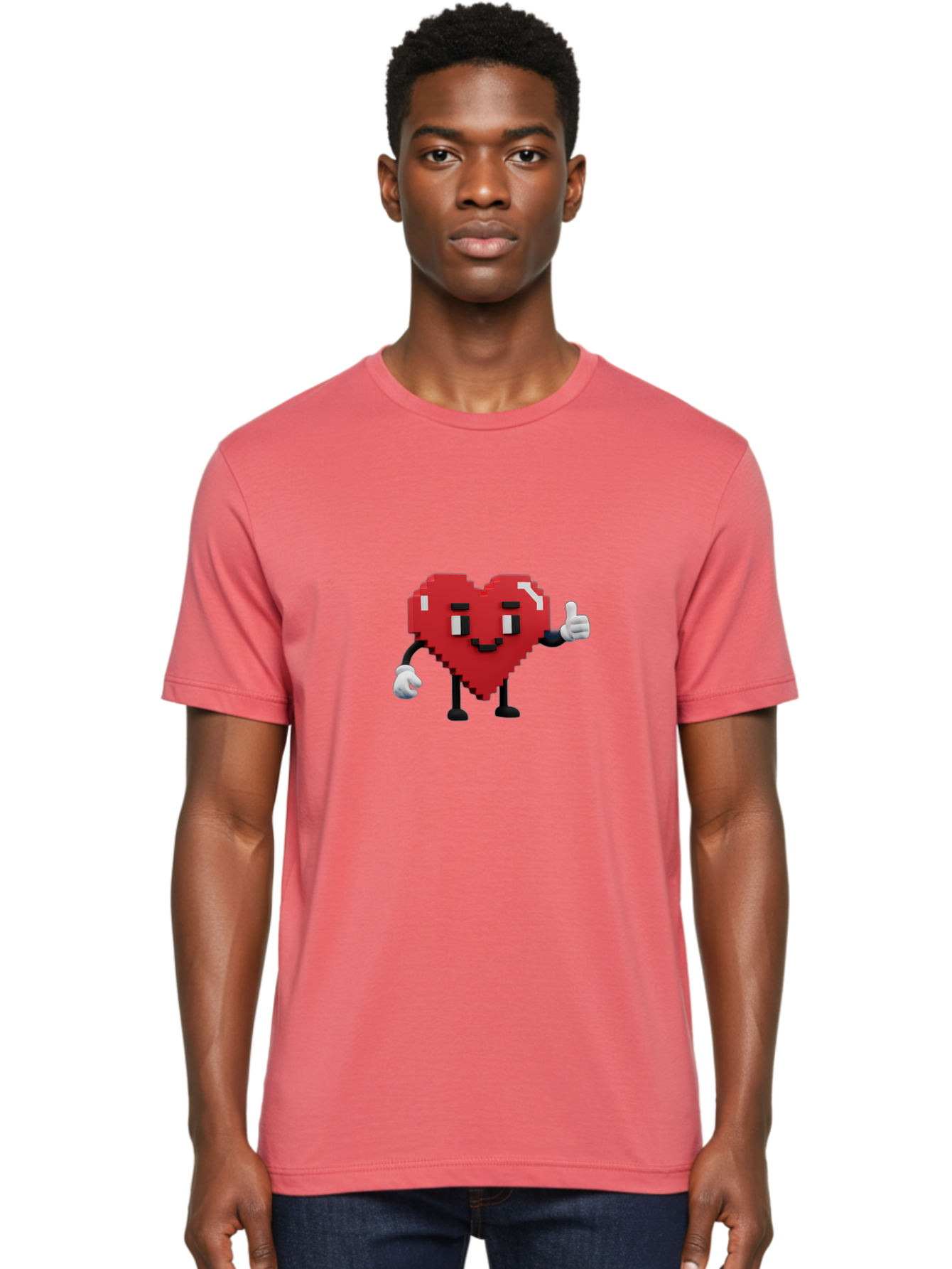 Pixel-Heart Men'S Graphic Tee, 100% Cotton, Comfortable Casual Summer Wear, Machine Washable, Red Heart Character, Pixel Art Style, Thumbs Up Gesture, Friendly Expression, Cute Design, Gaming-Inspired, Digital Illustration, Love Symbol Bae241 18