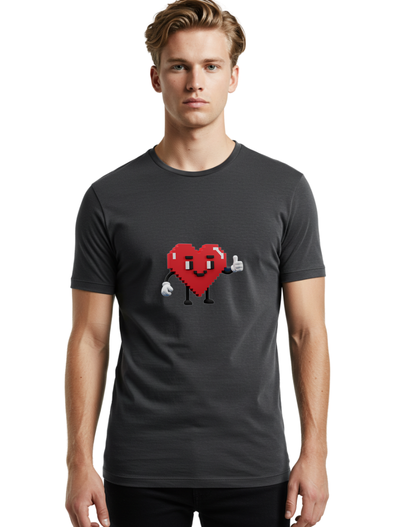 Pixel-Heart Men'S Graphic Tee, 100% Cotton, Comfortable Casual Summer Wear, Machine Washable, Red Heart Character, Pixel Art Style, Thumbs Up Gesture, Friendly Expression, Cute Design, Gaming-Inspired, Digital Illustration, Love Symbol Bae241 22
