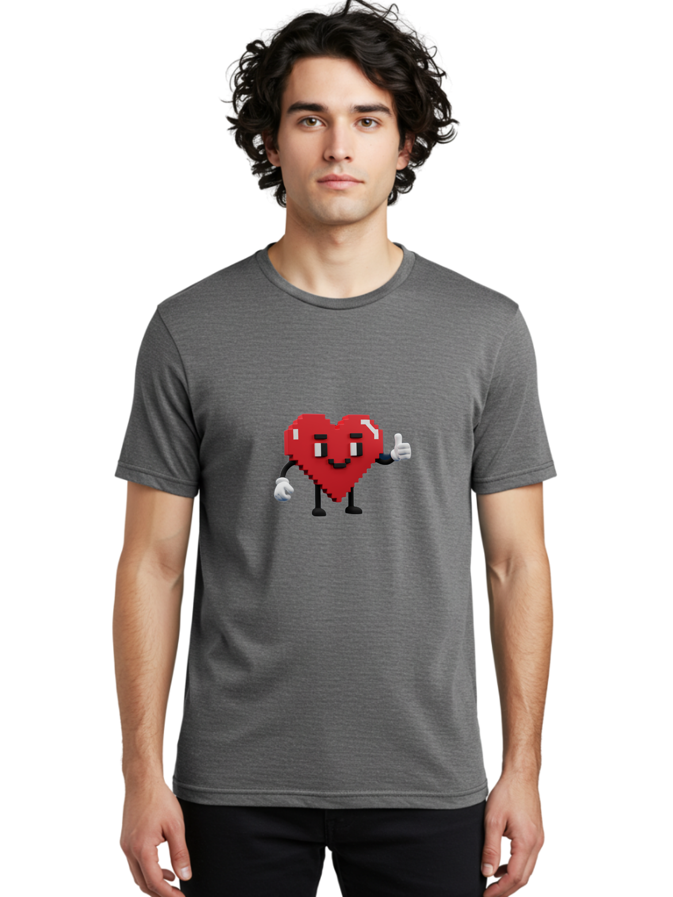Pixel-Heart Men'S Graphic Tee, 100% Cotton, Comfortable Casual Summer Wear, Machine Washable, Red Heart Character, Pixel Art Style, Thumbs Up Gesture, Friendly Expression, Cute Design, Gaming-Inspired, Digital Illustration, Love Symbol Bae241 26