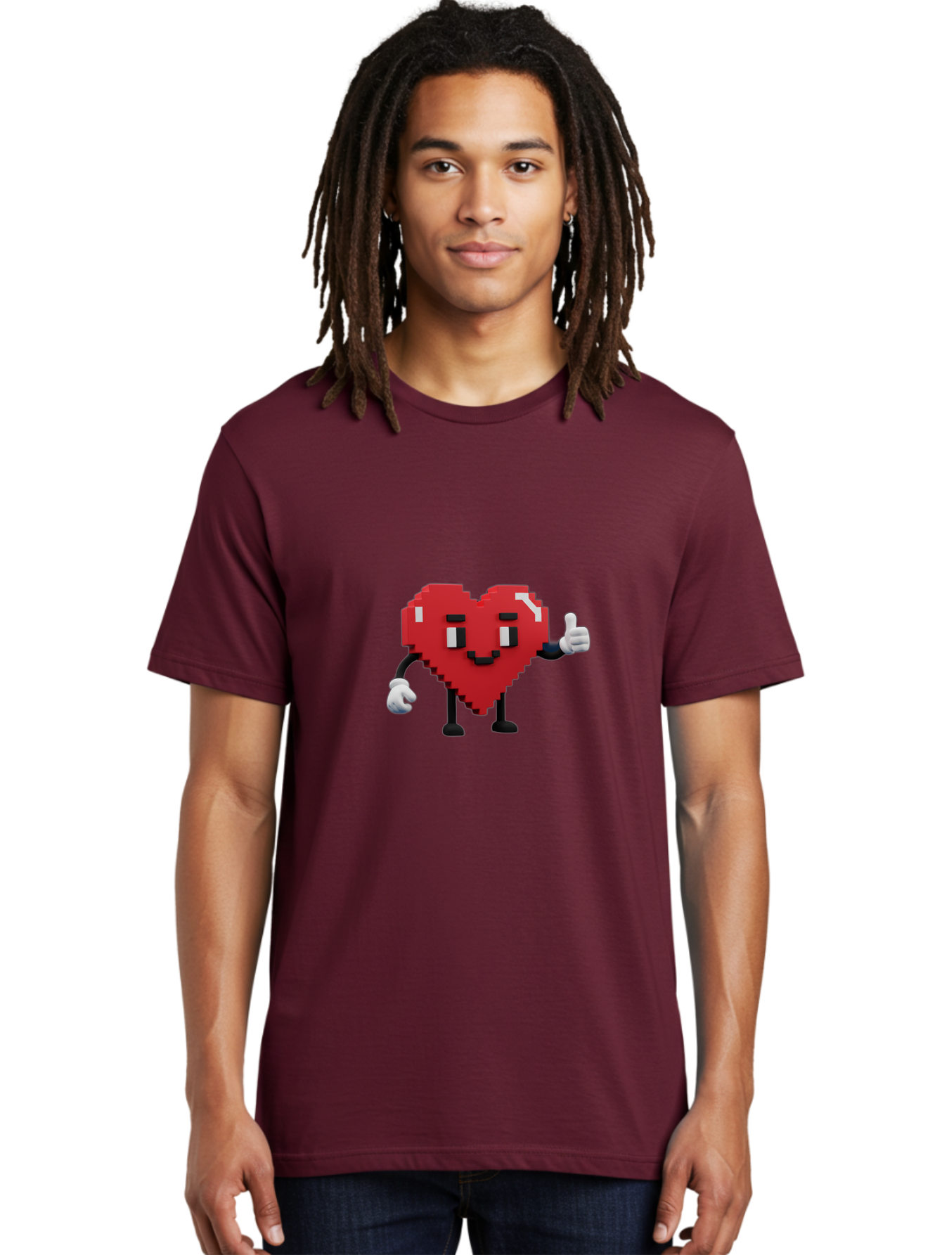Pixel-Heart Men'S Graphic Tee, 100% Cotton, Comfortable Casual Summer Wear, Machine Washable, Red Heart Character, Pixel Art Style, Thumbs Up Gesture, Friendly Expression, Cute Design, Gaming-Inspired, Digital Illustration, Love Symbol Bae241 21