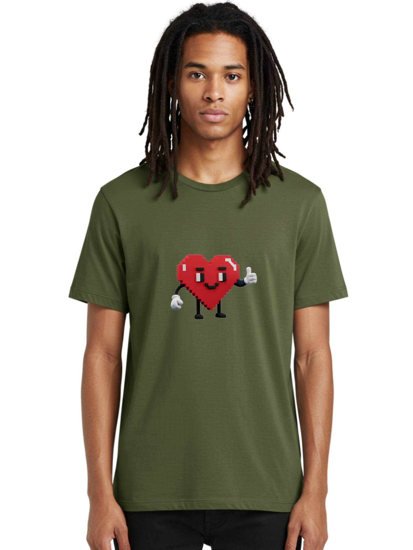 Pixel-Heart Men'S Graphic Tee, 100% Cotton, Comfortable Casual Summer Wear, Machine Washable, Red Heart Character, Pixel Art Style, Thumbs Up Gesture, Friendly Expression, Cute Design, Gaming-Inspired, Digital Illustration, Love Symbol Bae241 24