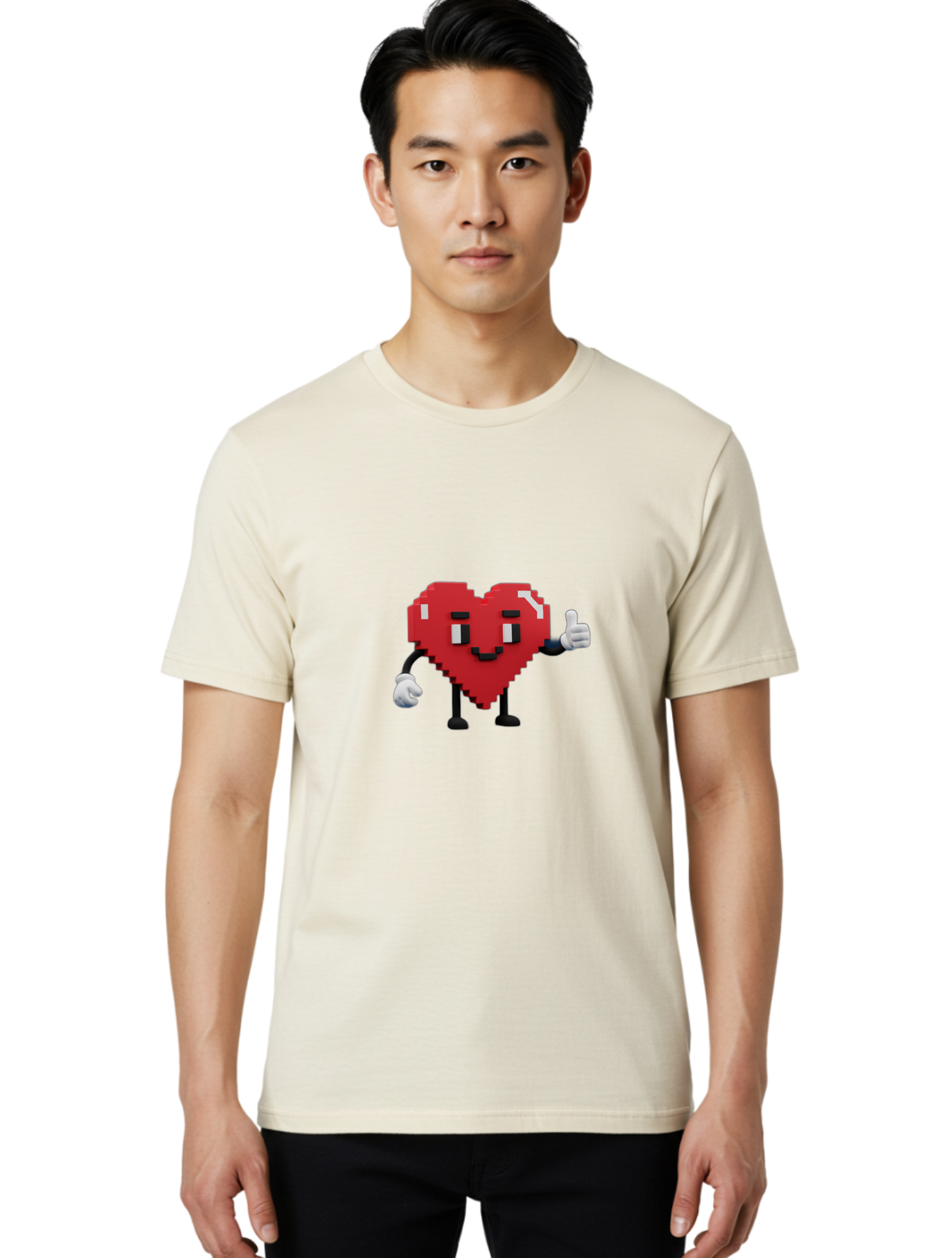 Pixel-Heart Men'S Graphic Tee, 100% Cotton, Comfortable Casual Summer Wear, Machine Washable, Red Heart Character, Pixel Art Style, Thumbs Up Gesture, Friendly Expression, Cute Design, Gaming-Inspired, Digital Illustration, Love Symbol Bae241 28