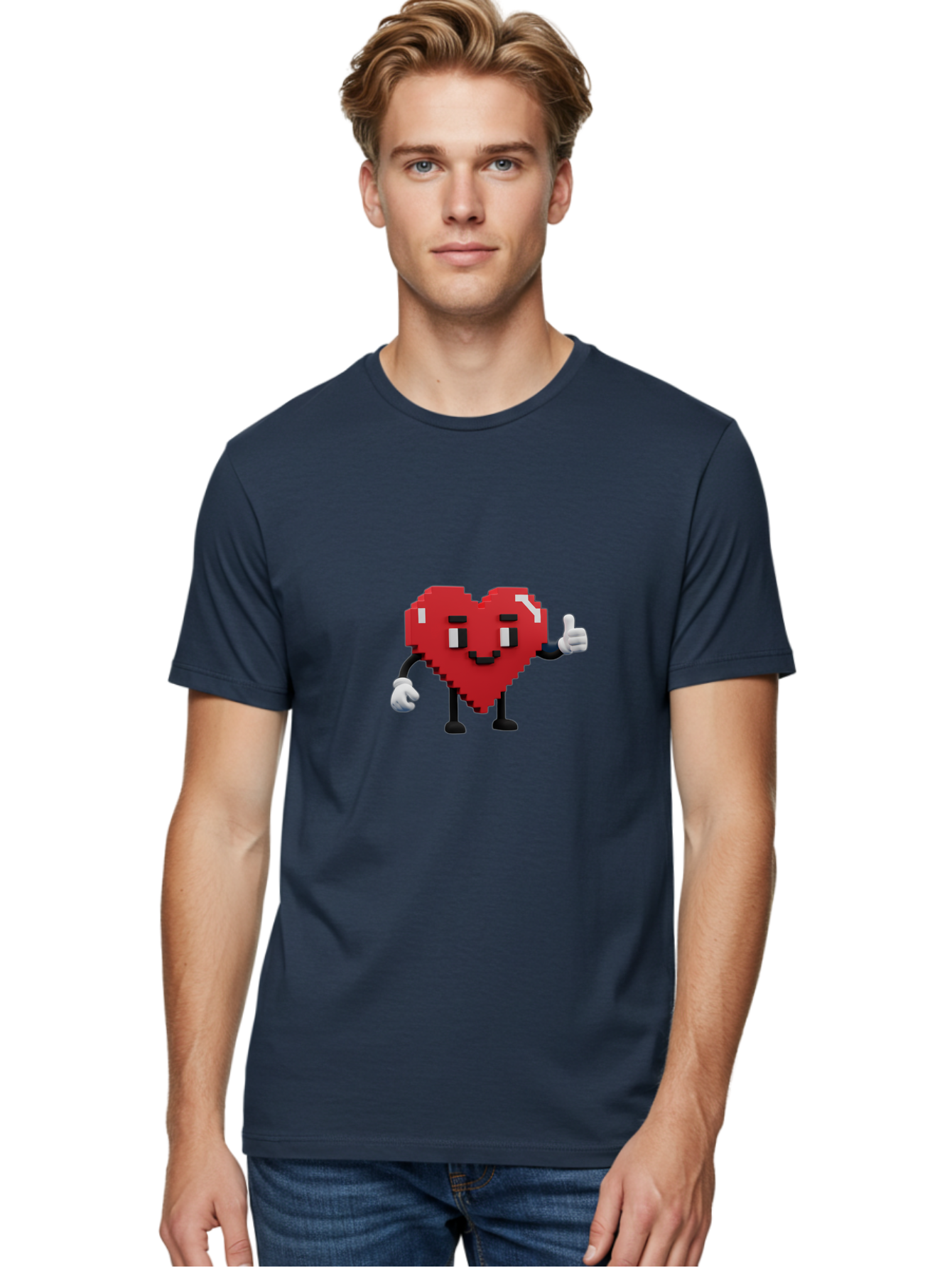Pixel-Heart Men'S Graphic Tee, 100% Cotton, Comfortable Casual Summer Wear, Machine Washable, Red Heart Character, Pixel Art Style, Thumbs Up Gesture, Friendly Expression, Cute Design, Gaming-Inspired, Digital Illustration, Love Symbol Bae241 29