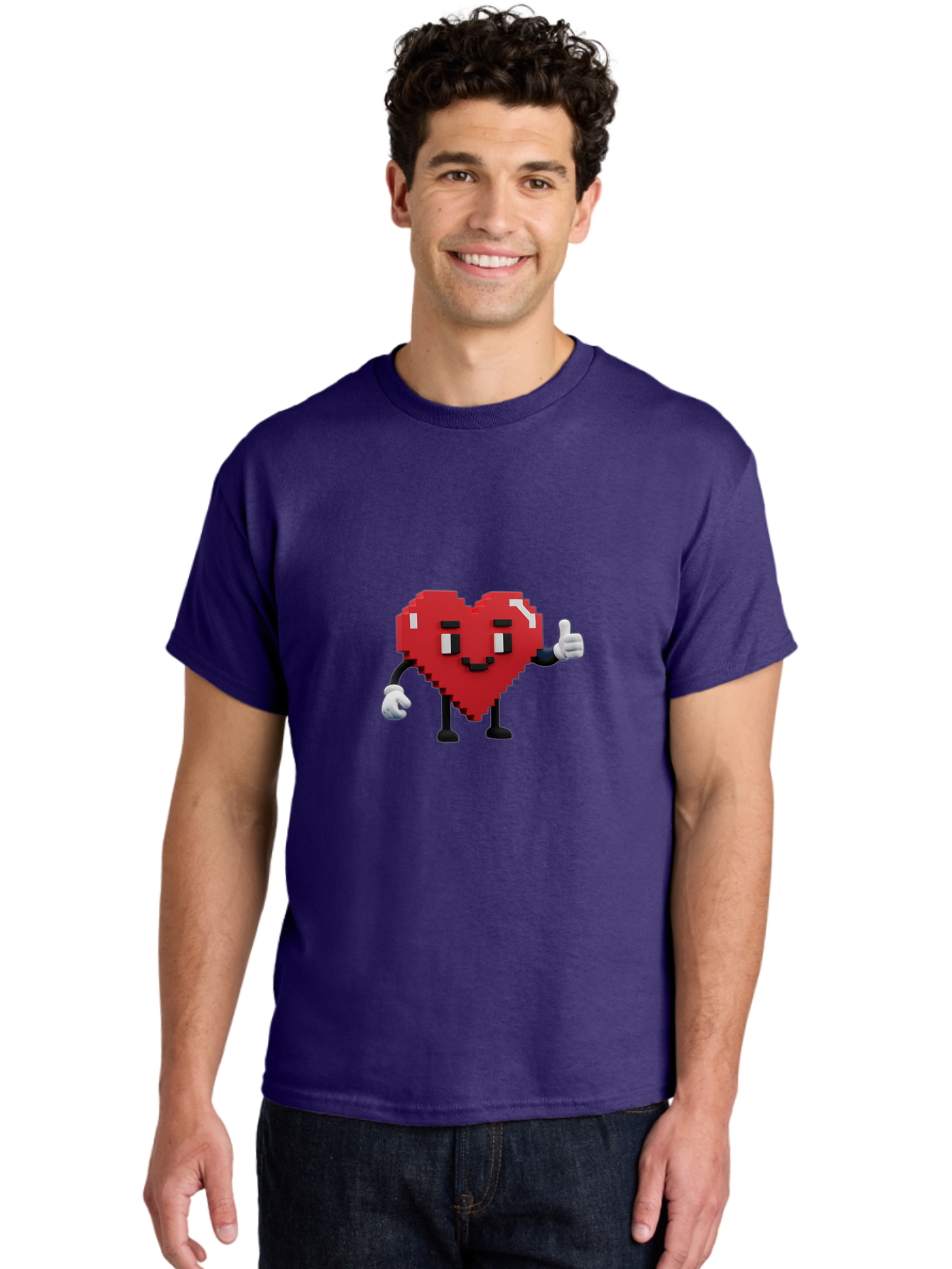 Pixel-Heart Men'S Graphic Tee, 100% Cotton, Comfortable Casual Summer Wear, Machine Washable, Red Heart Character, Pixel Art Style, Thumbs Up Gesture, Friendly Expression, Cute Design, Gaming-Inspired, Digital Illustration, Love Symbol Bae241 27