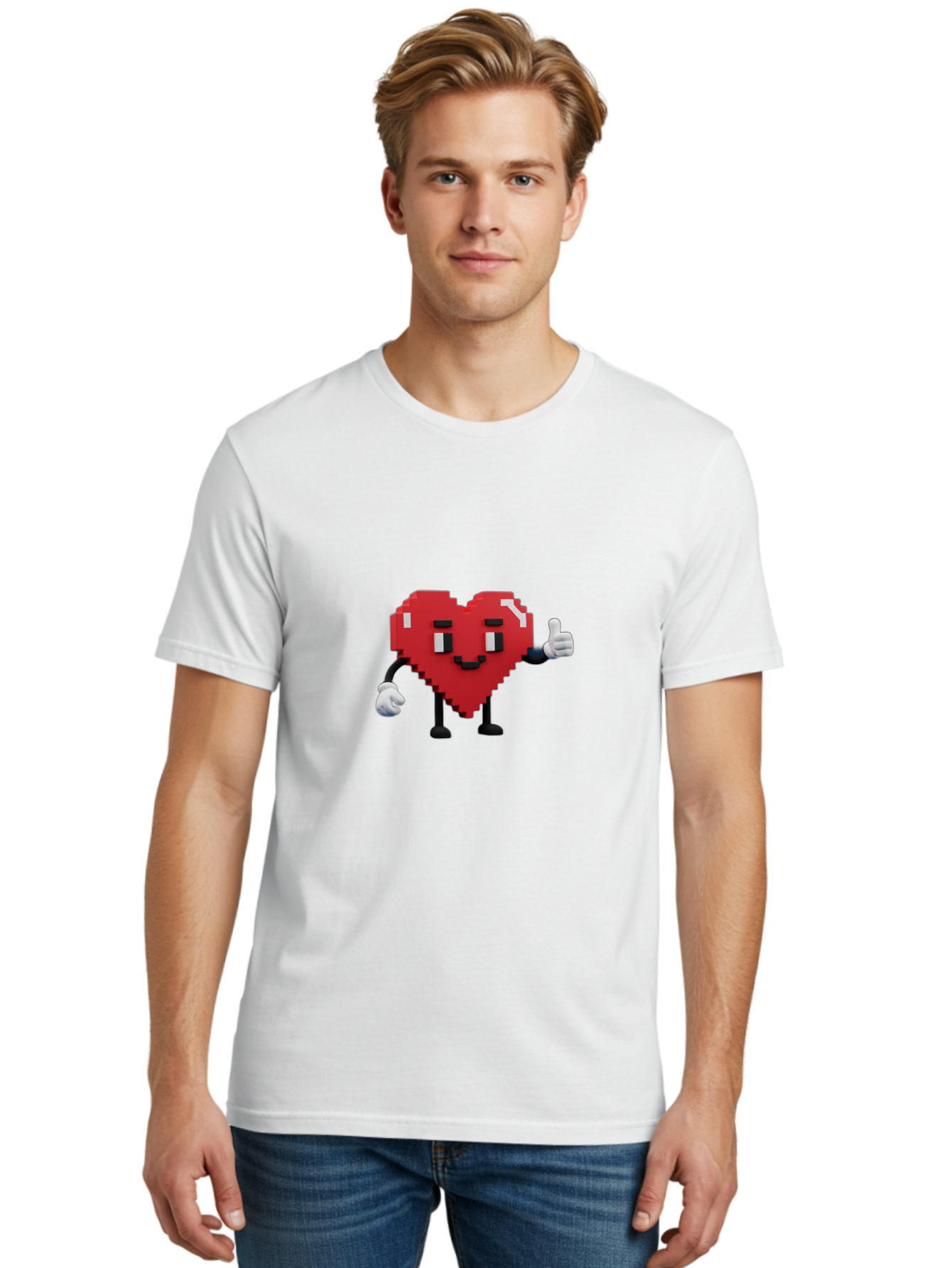 Pixel-Heart Men'S Graphic Tee, 100% Cotton, Comfortable Casual Summer Wear, Machine Washable, Red Heart Character, Pixel Art Style, Thumbs Up Gesture, Friendly Expression, Cute Design, Gaming-Inspired, Digital Illustration, Love Symbol Bae241 19