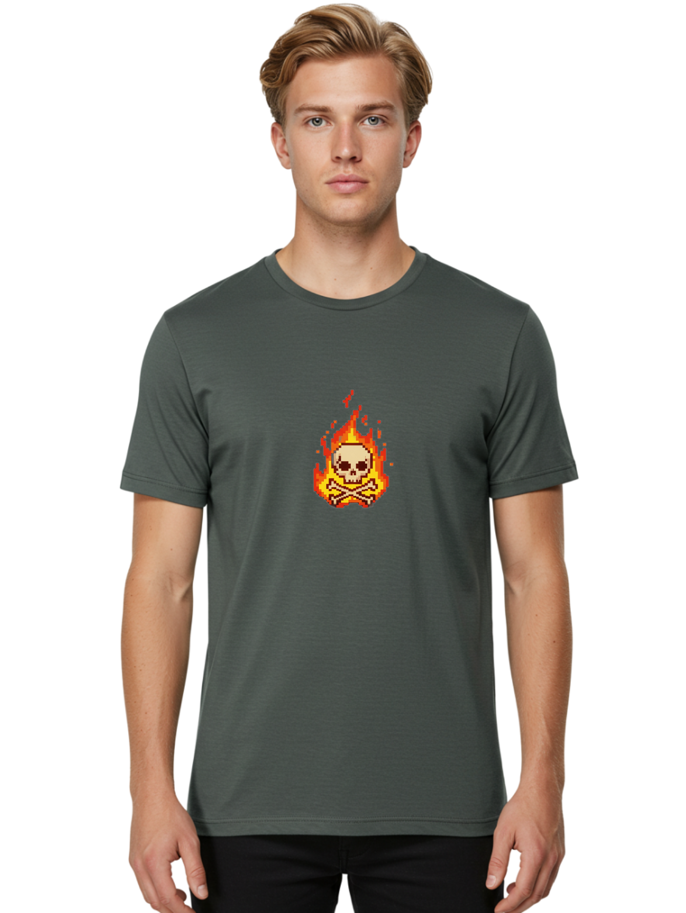Pixel-Skull-And-Crossbones Men'S Graphic Tee, 100% Cotton, Comfortable Casual Summer Wear, Machine Washable, Death Symbol, Danger Sign, Warning Sign, Skull And Crossbones, Pixel Art, Retro Gaming, Grunge Aesthetics, Fiery Flames, Bae242 26