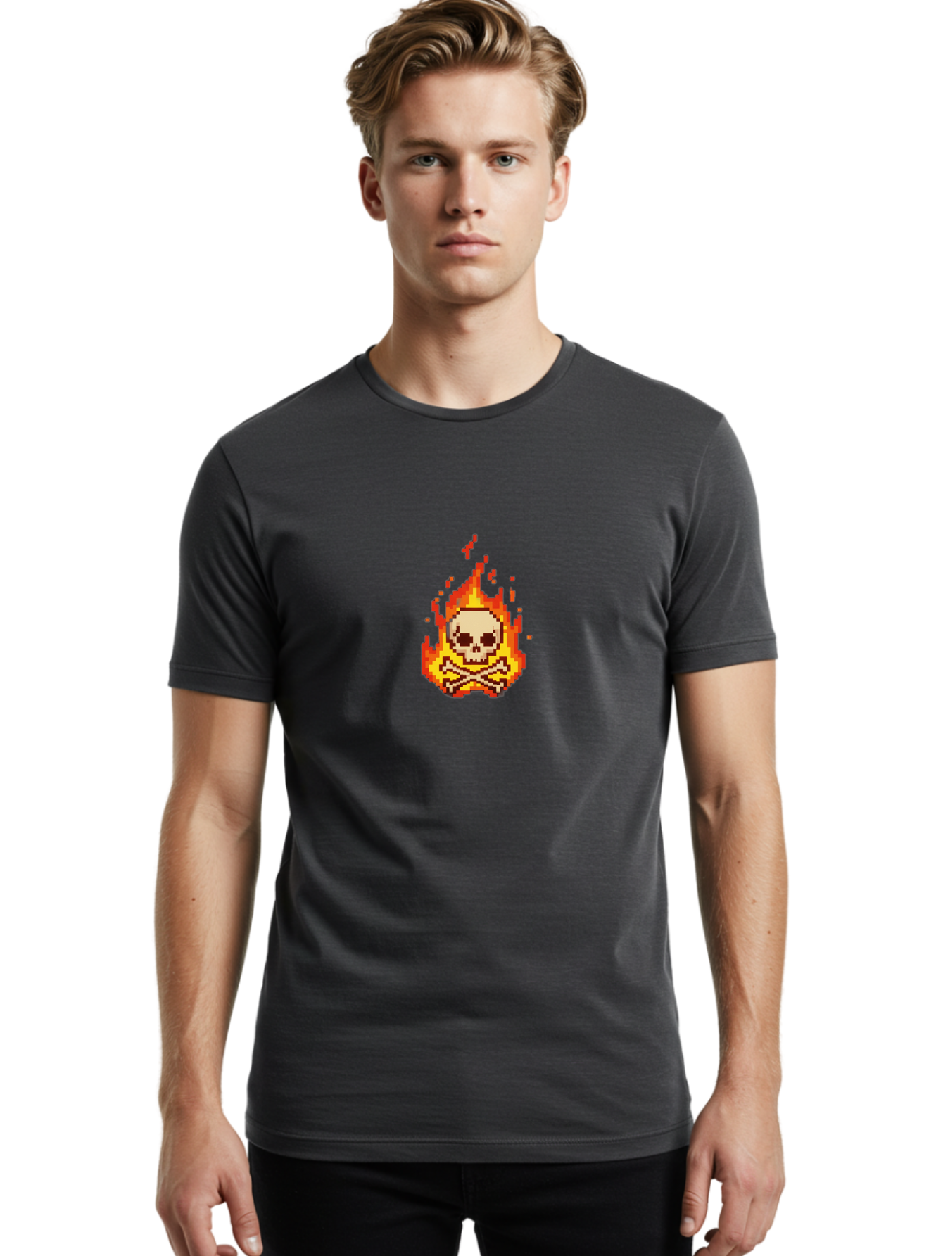 Pixel-Skull-And-Crossbones Men'S Graphic Tee, 100% Cotton, Comfortable Casual Summer Wear, Machine Washable, Death Symbol, Danger Sign, Warning Sign, Skull And Crossbones, Pixel Art, Retro Gaming, Grunge Aesthetics, Fiery Flames, Bae242 24