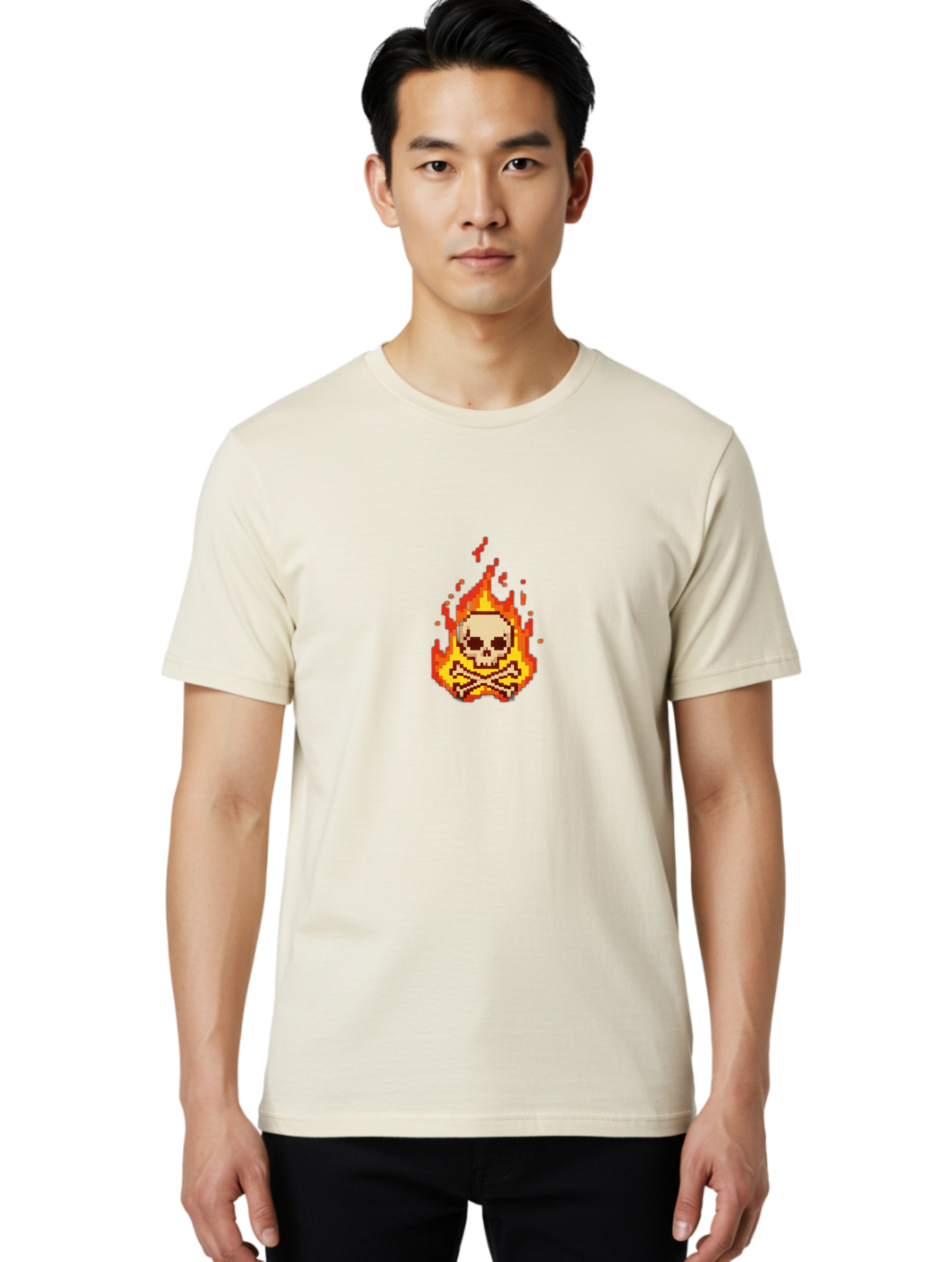 Pixel-Skull-And-Crossbones Men'S Graphic Tee, 100% Cotton, Comfortable Casual Summer Wear, Machine Washable, Death Symbol, Danger Sign, Warning Sign, Skull And Crossbones, Pixel Art, Retro Gaming, Grunge Aesthetics, Fiery Flames, Bae242 22
